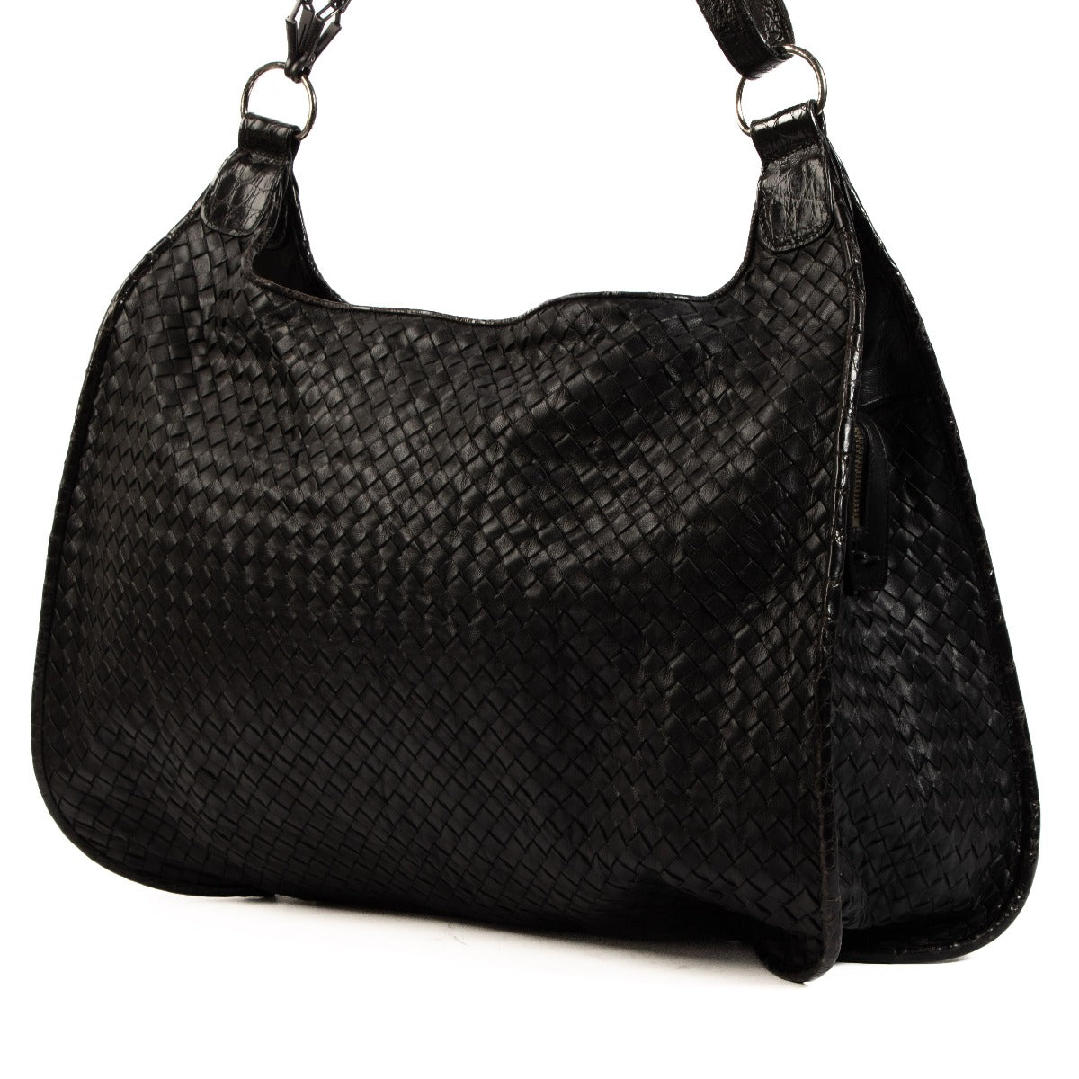 Bottega Veneta Black Intrecciato/Crocodile Trim Large Hobo Bag