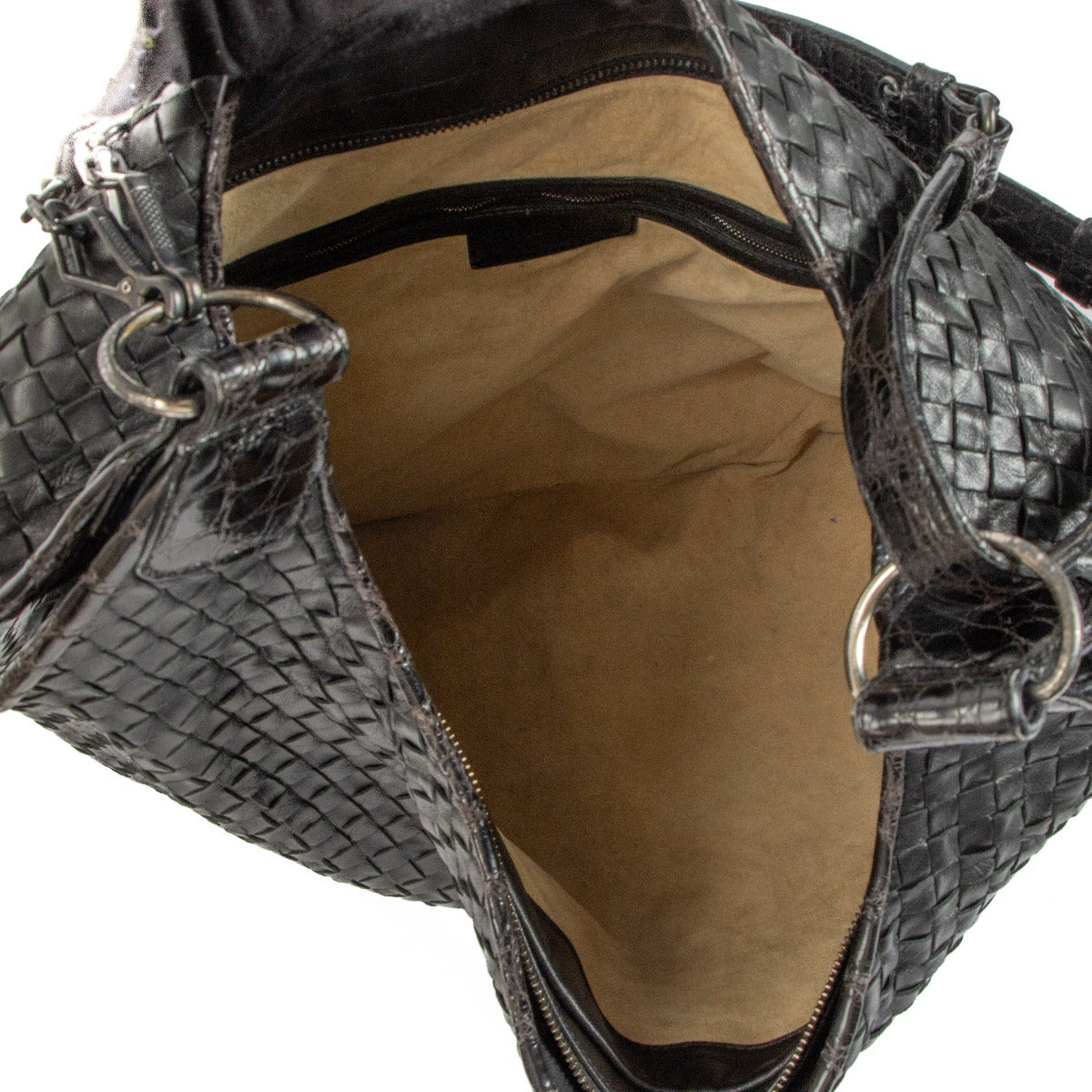 Bottega Veneta Zwarte Intrecciato/Krokodillenleer Afgewerkte Grote Hobo Tas