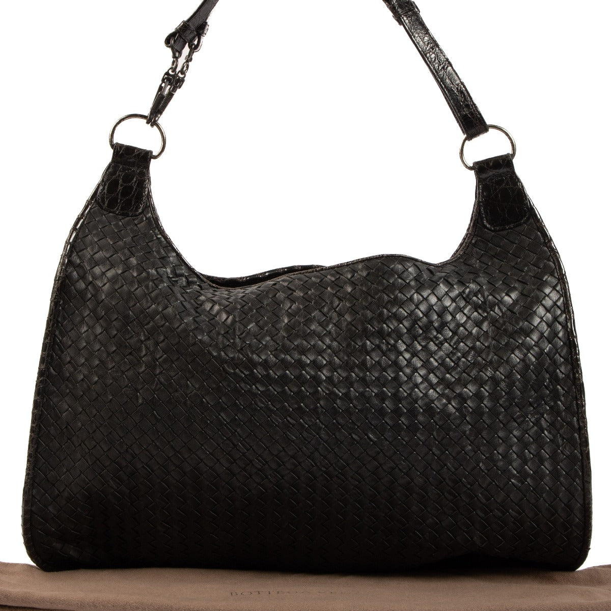 Bottega Veneta Black Intrecciato/Crocodile Trim Large Hobo Bag