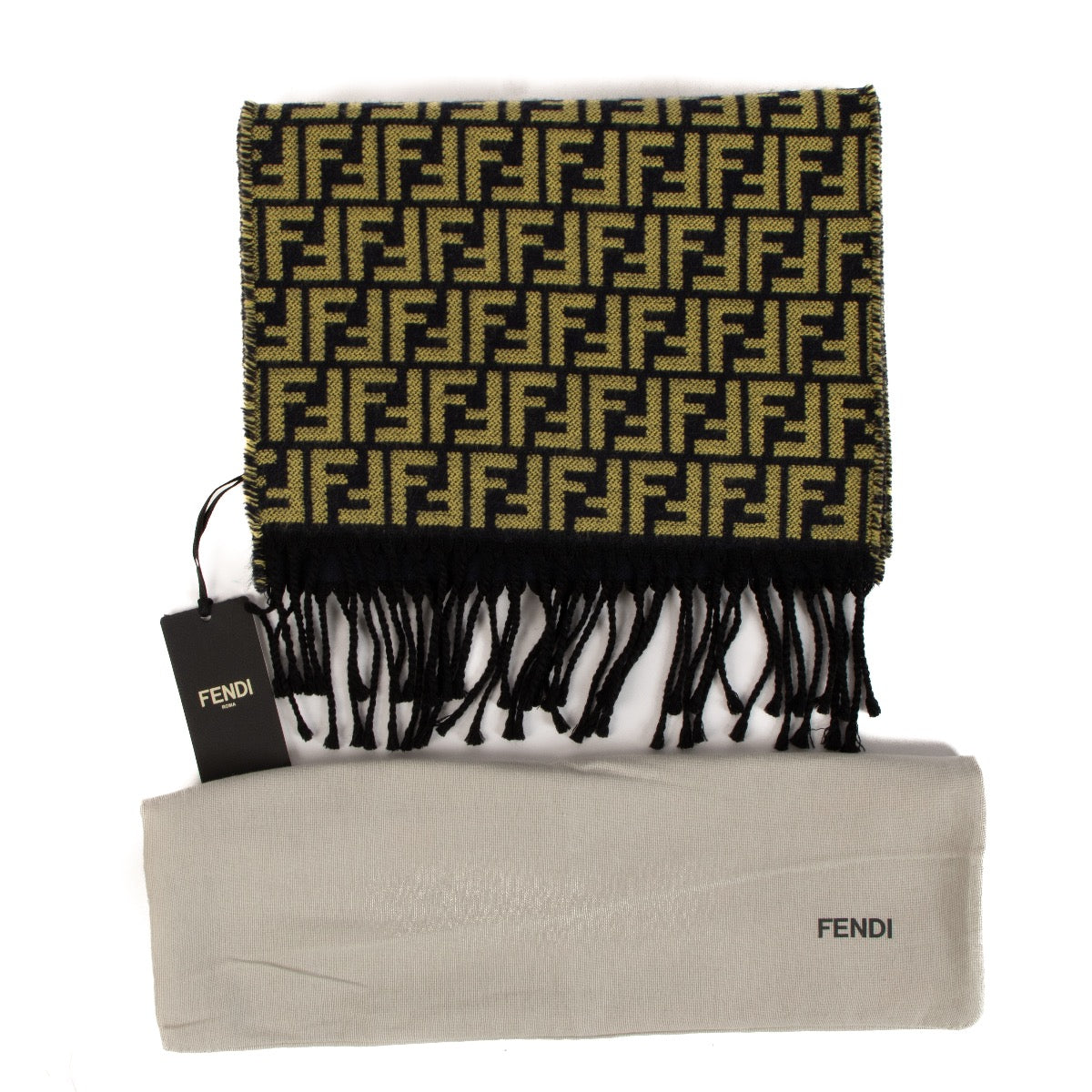 Shop safe online at Labellov in Antwerp, Brussels and Knokke this 100% authentic second hand Fendi Blue and Yellow FF Lana Wool Scarf