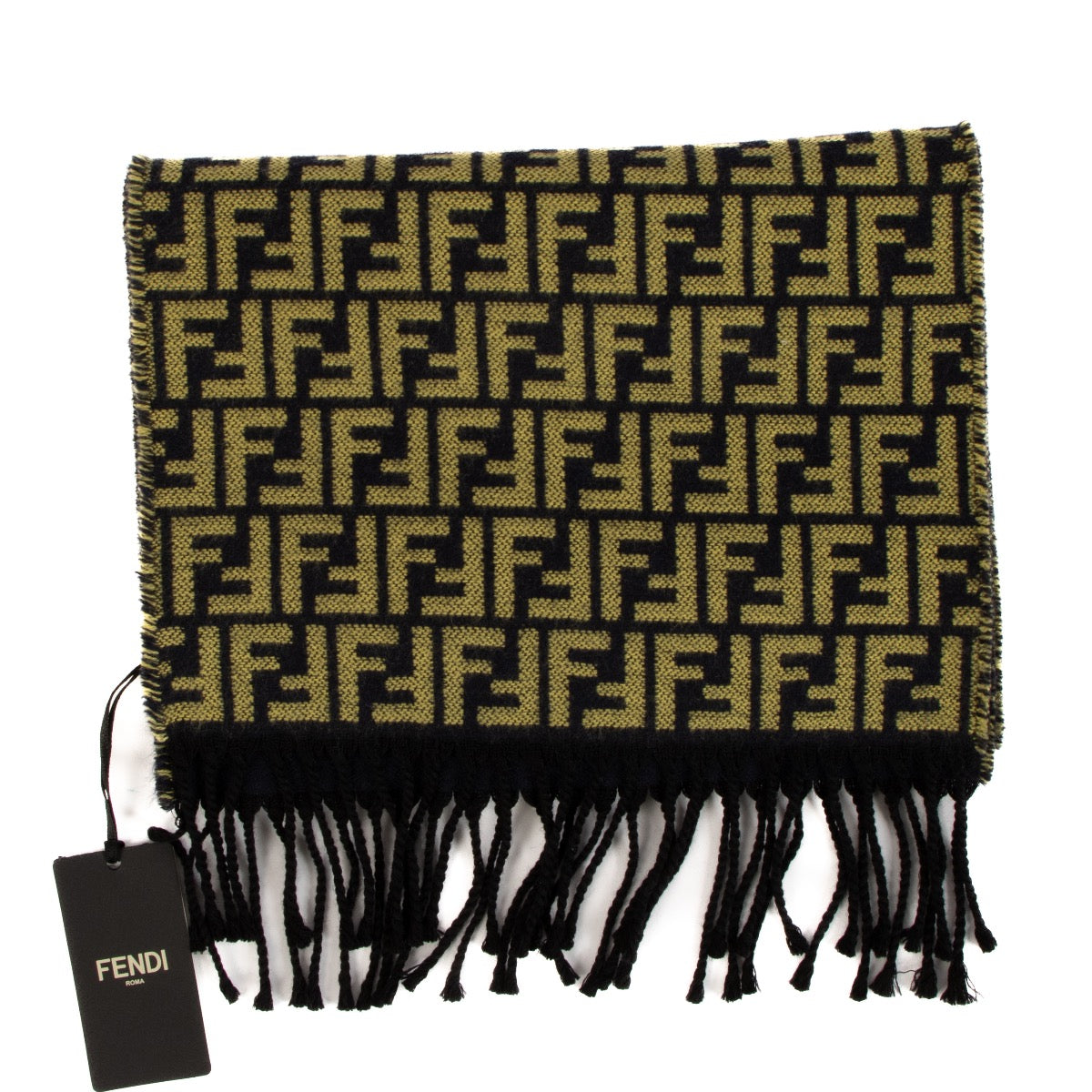 Shop safe online at Labellov in Antwerp, Brussels and Knokke this 100% authentic second hand Fendi Blue and Yellow FF Lana Wool Scarf