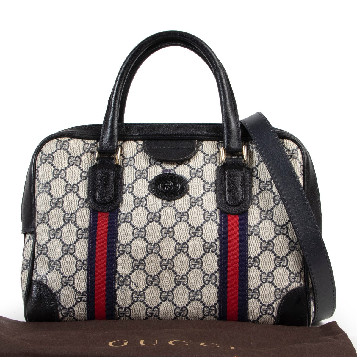 Shop safe online 100% authentic second hand Gucci Blue Monogram Boston Shoulder Bag in good preloved condition at the right price at Labellov in Antwerp.