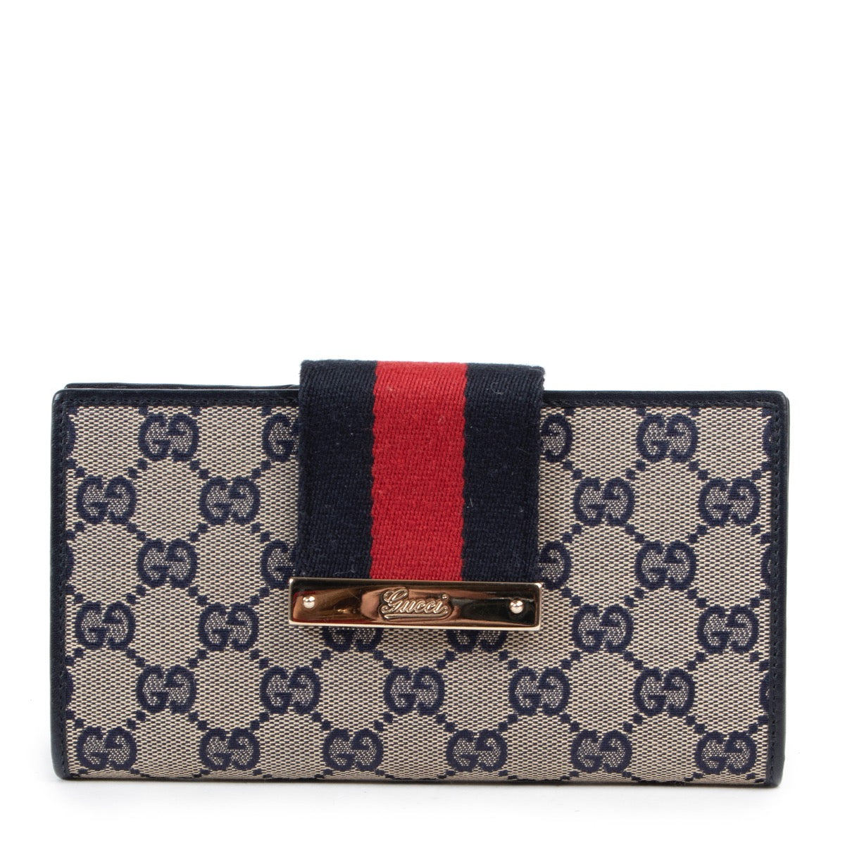 Veilig kopen authentieke tweedehands blauwe Gucci monogram web canvas portemonnee.