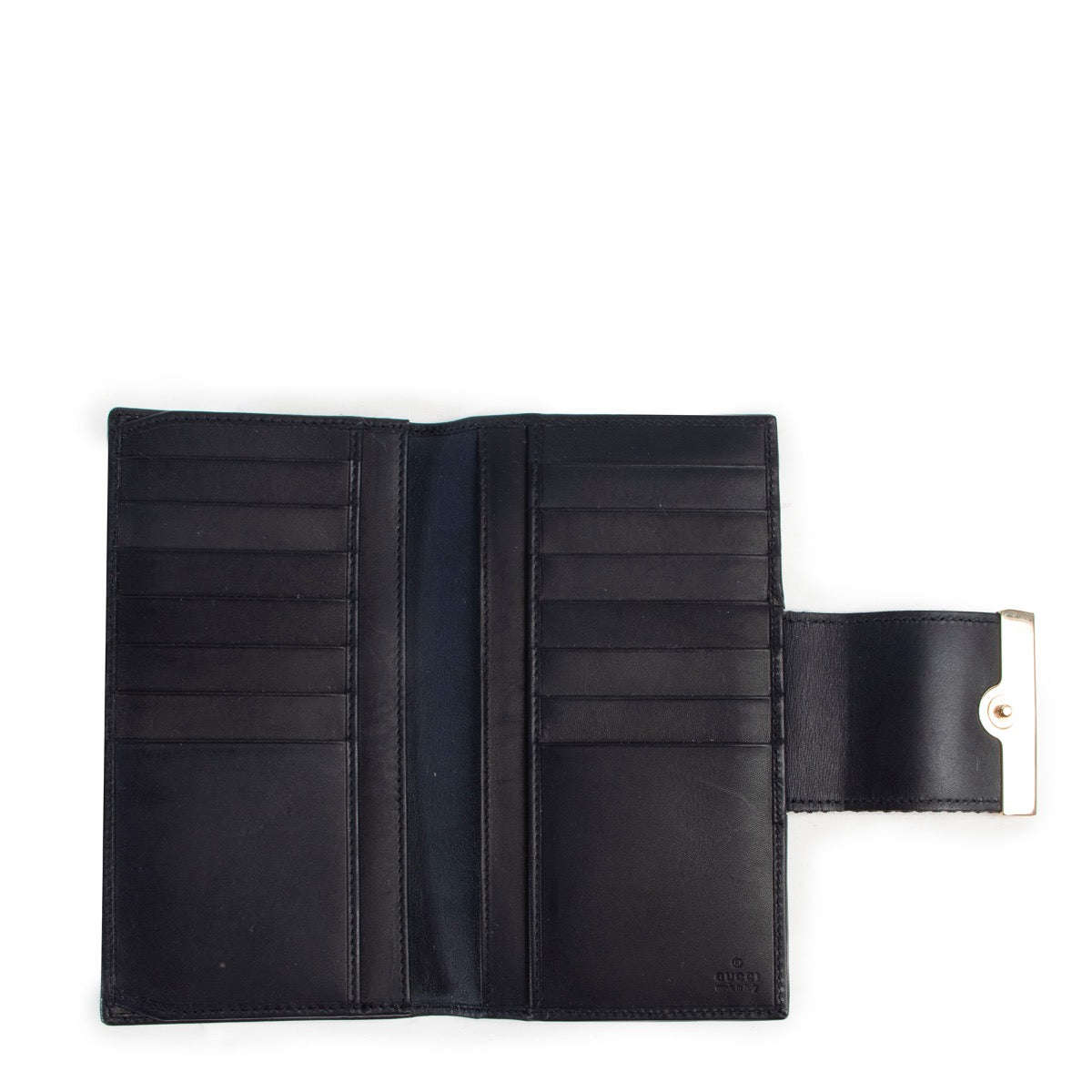 Veilig kopen authentieke tweedehands blauwe Gucci monogram web canvas portemonnee.