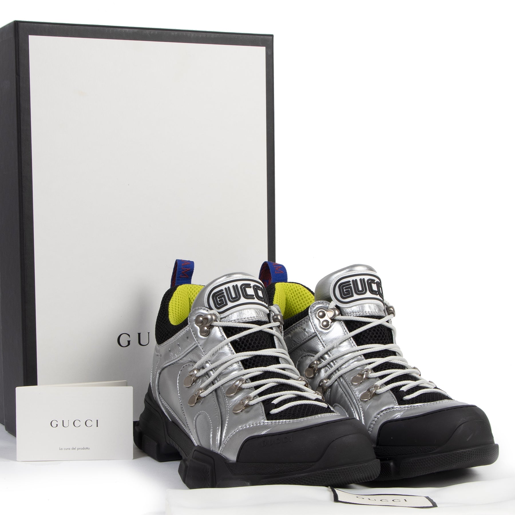 Authentieke Tweedehands Gucci Flashtrek Metallic Leather and Mesh Sneakers - Size 41 juiste prijs veilig online shoppen luxe merken webshop winkelen Antwerpen België mode fashion