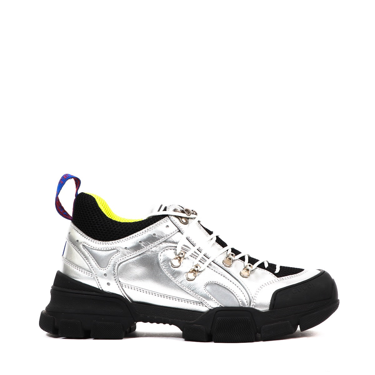 Buy an authentic second hand Gucci Silver Liquid Silk Calf Docro Sneakers - Size 41 in very good condition at Labellov Antwerp.