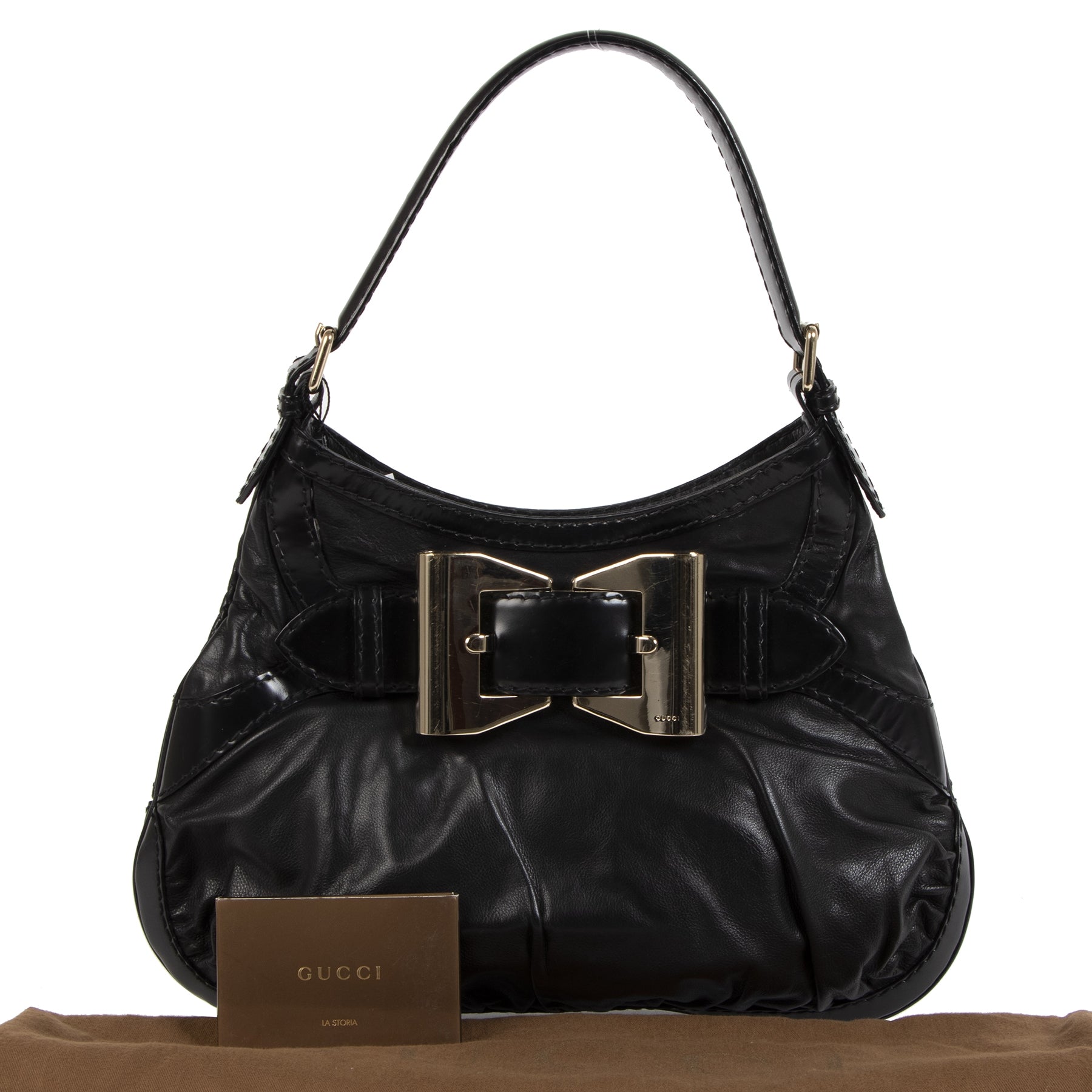 Authentic secondhand Gucci Black Leather Dialux Queen Hobo Bag designer bags accessories shoes luxury vintage webshop designer fashion fashionista safe secure online shopping designer brands worldwide shipping