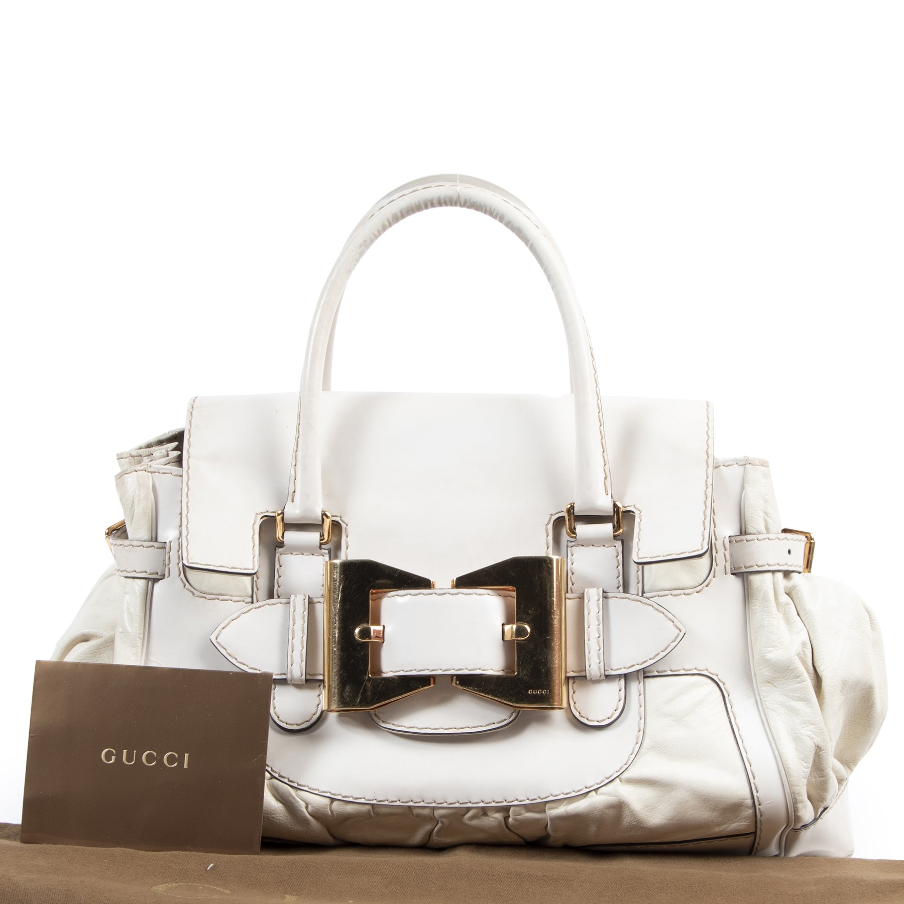 koop uw authntieke Authentieke Tweedehands Gucci White Leather Queen Large Bow Buckle Boston Bag juiste prijs veilig online shoppen luxe merken webshop winkelen Antwerpen België mode fashion