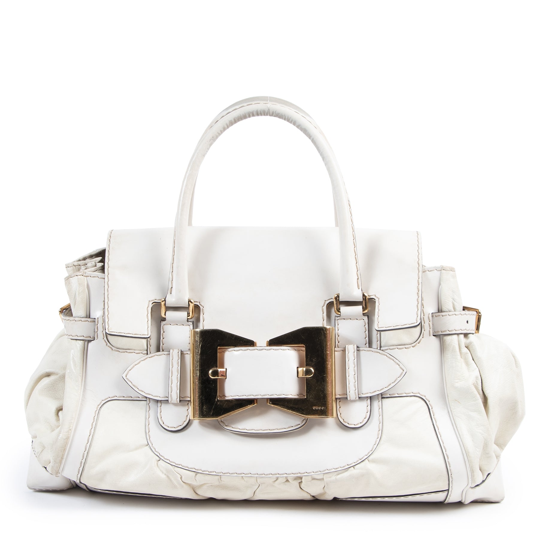 Authentieke Tweedehands Gucci White Leather Queen Large Bow Buckle Boston Bag juiste prijs veilig online shoppen luxe merken webshop winkelen Antwerpen België mode fashion
