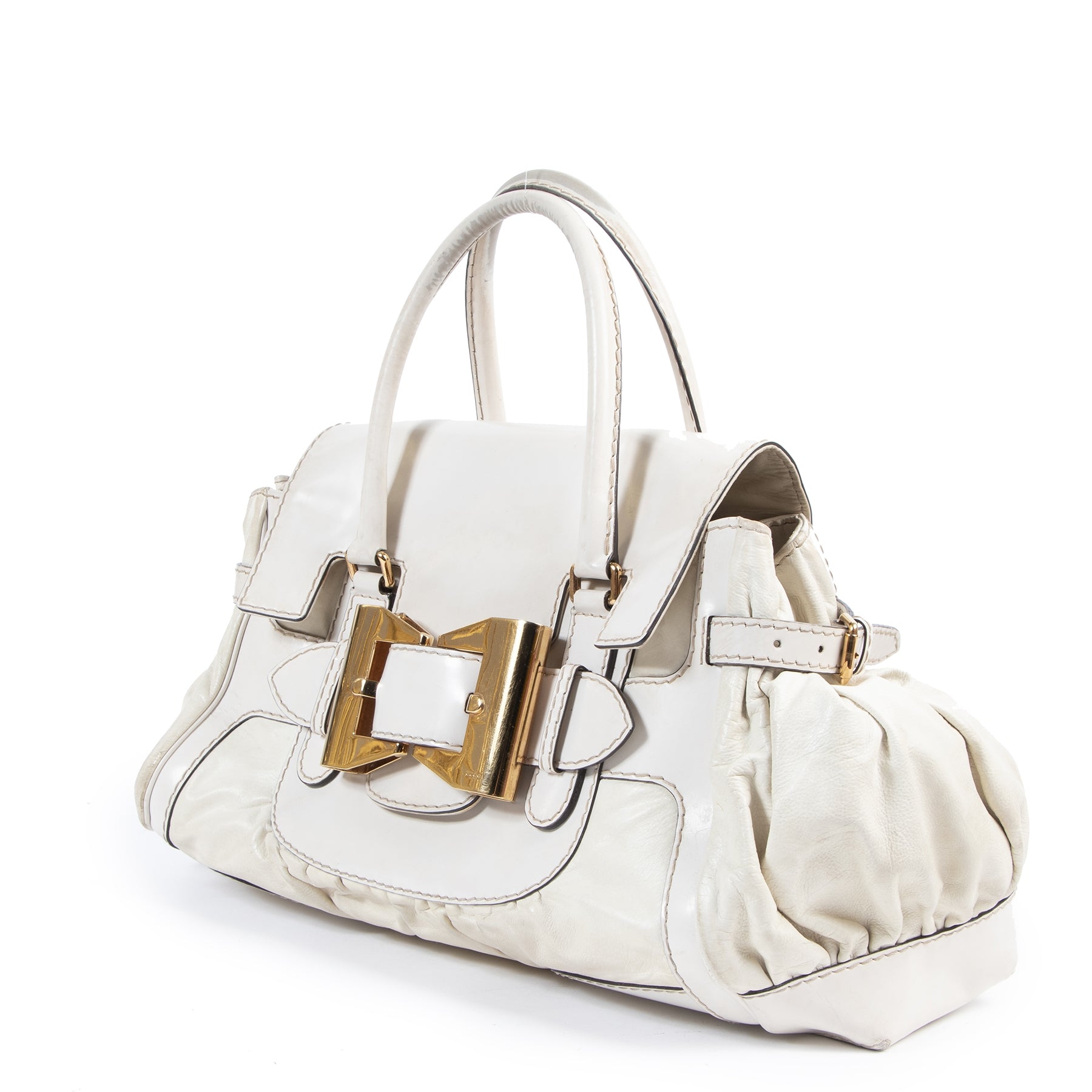 Authentieke Tweedehands Gucci White Leather Queen Large Bow Buckle Boston Bag juiste prijs veilig online shoppen luxe merken webshop winkelen Antwerpen België mode fashion