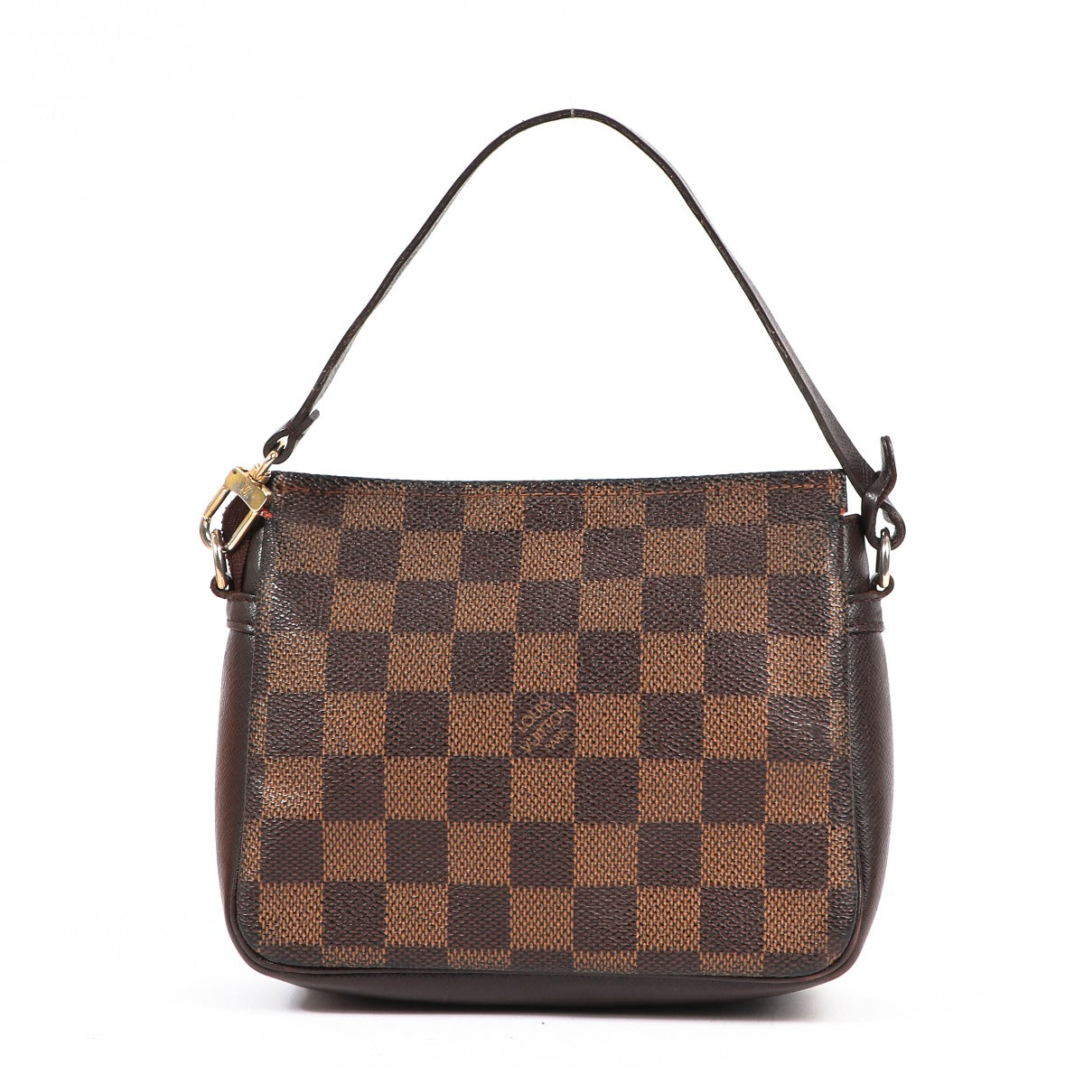 Buy an authentic second-hand Damier Ebene Canvas Mini Pochette Accessoires Top Handle Bag in very good condition at Labellov in Antwerp.