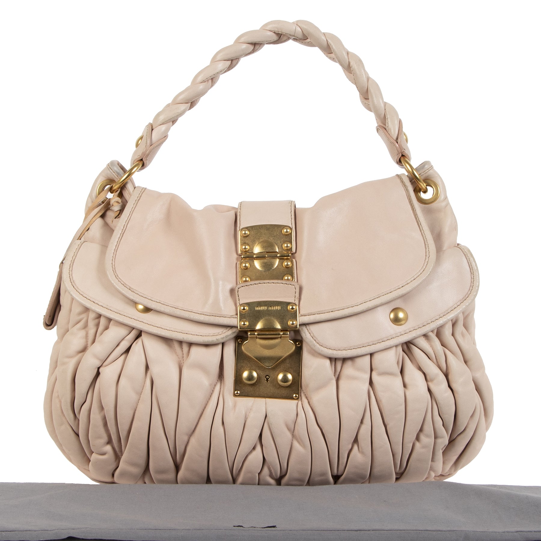 Authentic secondhand Miu Miu Matelasse Pale Pink Lux Nappa Leather Coffer Hobo Bag designer bags accessories shoes luxury vintage webshop designer fashion fashionista safe secure online shopping worldwide shipping