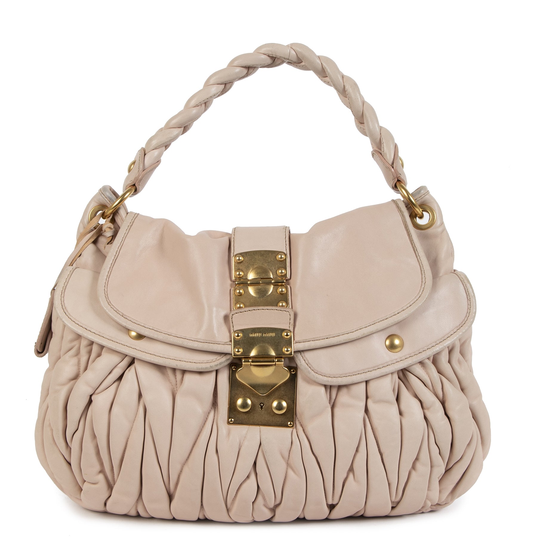 Authentieke Tweedehands Miu Miu Matelasse Pale Pink Lux Nappa Leather Coffer Hobo Bag juiste prijs veilig online shoppen luxe merken webshop winkelen Antwerpen België mode fashion