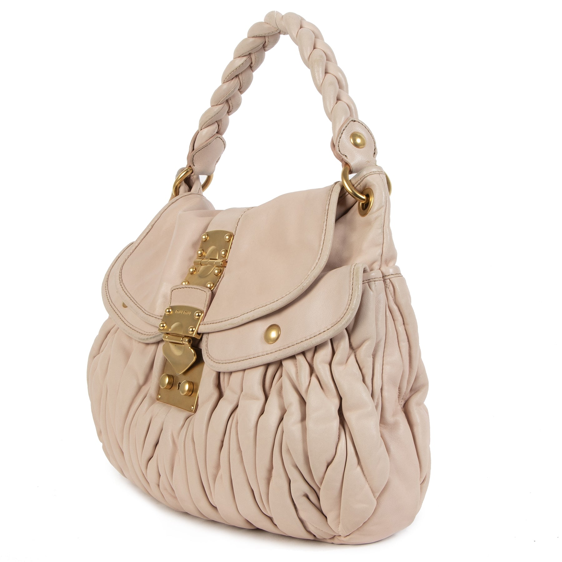 Authentieke Tweedehands Miu Miu Matelasse Pale Pink Lux Nappa Leather Coffer Hobo Bag juiste prijs veilig online shoppen luxe merken webshop winkelen Antwerpen België mode fashion