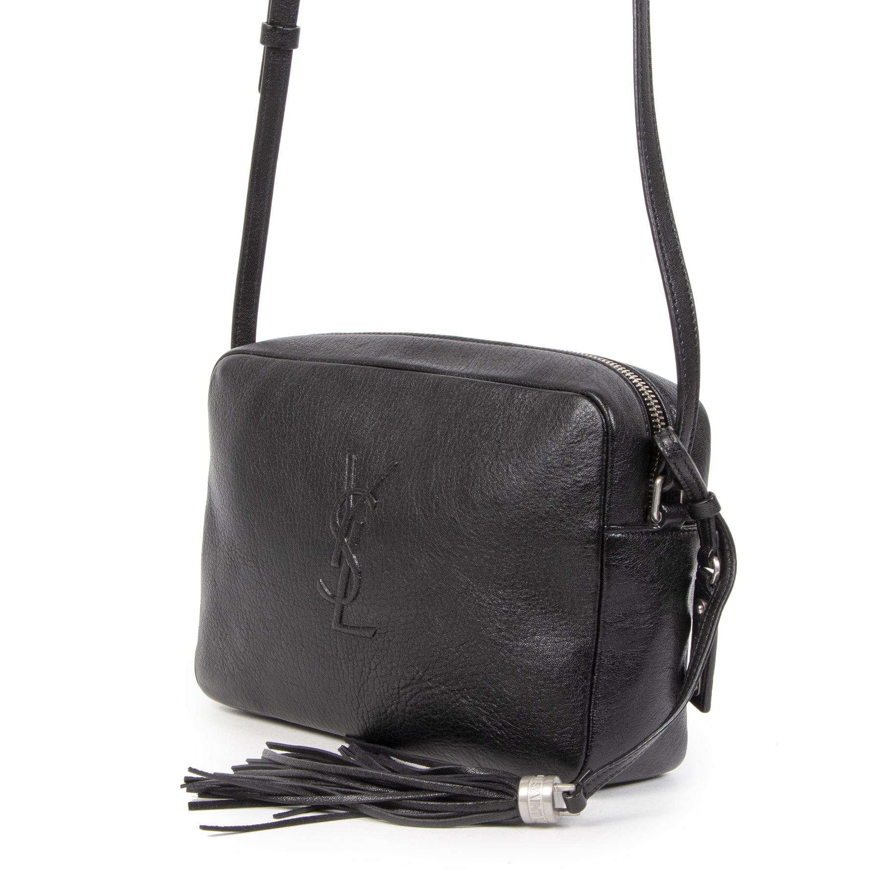 Koop authentieke tweedehands Saint Laurent Lou Black Calfskin Leather Camera Cross Body Bag Saint Laurent zwarte tas crossbody schoudertas juiste prijs veilig online shoppen luxe merken webshop winkelen Antwerpen België mode fashion