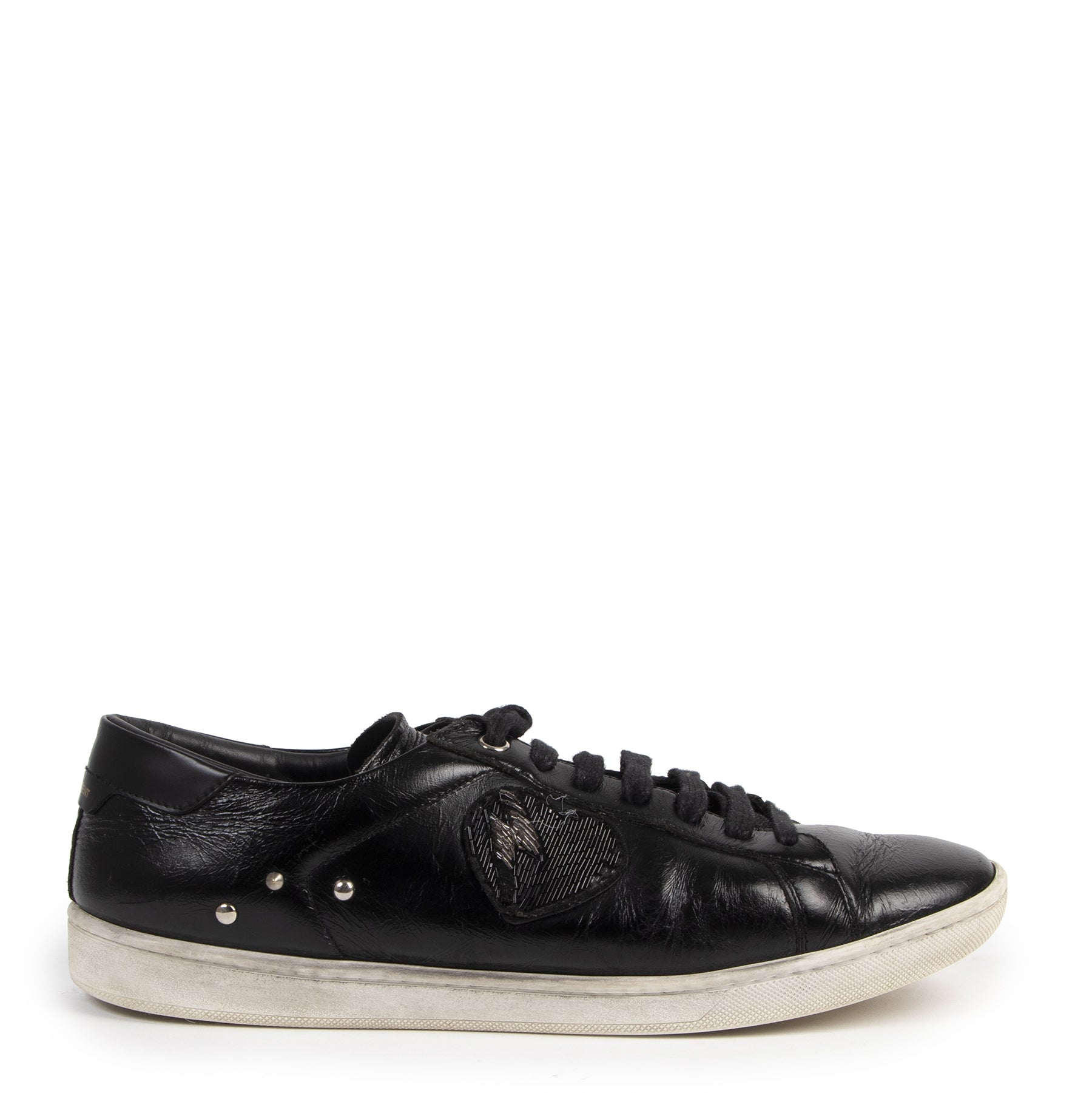 Authentieke Tweedehands Saint Laurent Black Lightning Heart Patch Sneakers - Size 40 juiste prijs veilig online shoppen luxe merken webshop winkelen Antwerpen België mode fashion