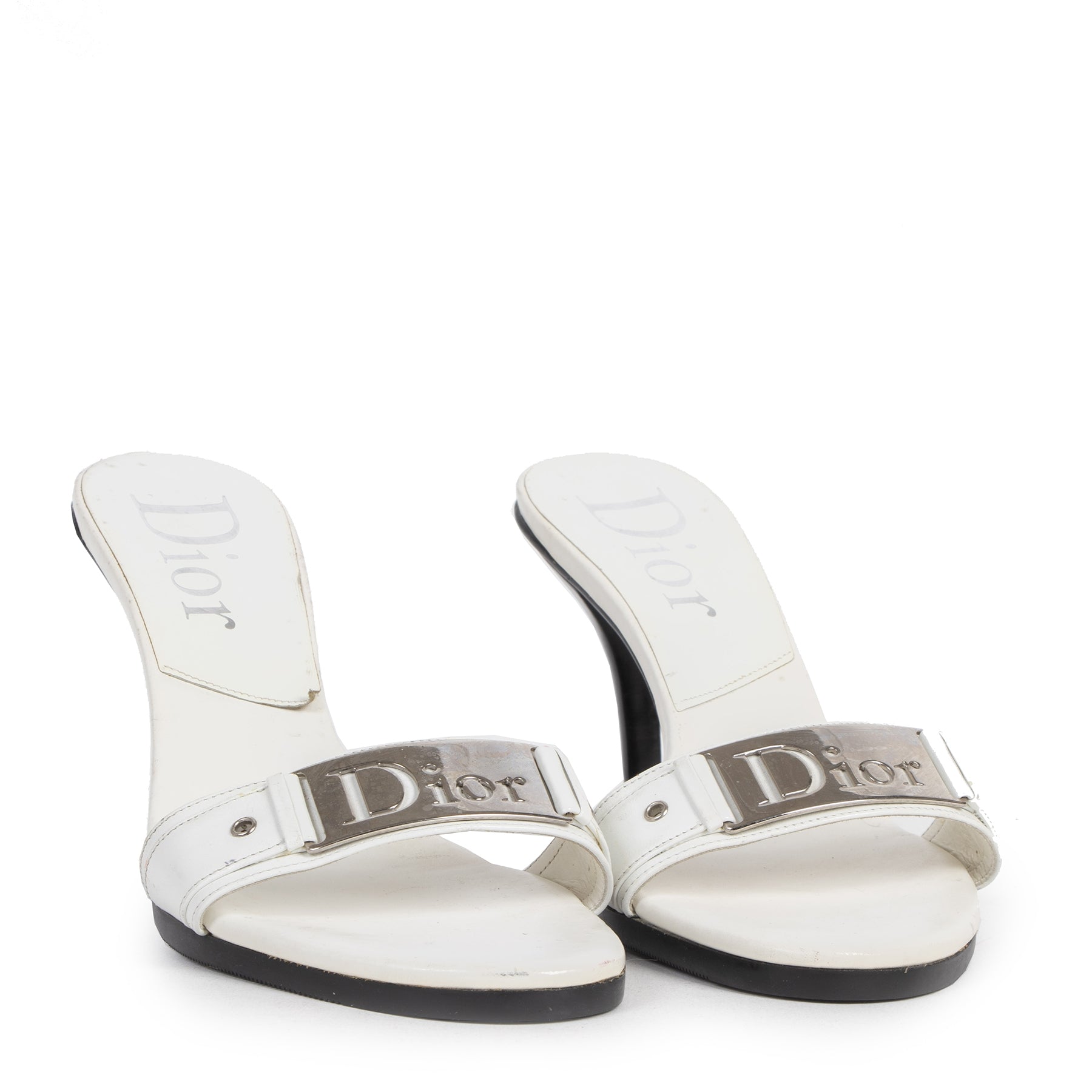 Authentic secondhand Dior White Logo Mules - Size 38 designer high heels luxury vintage webshop fashion safe secure online shopping worldwide shipping