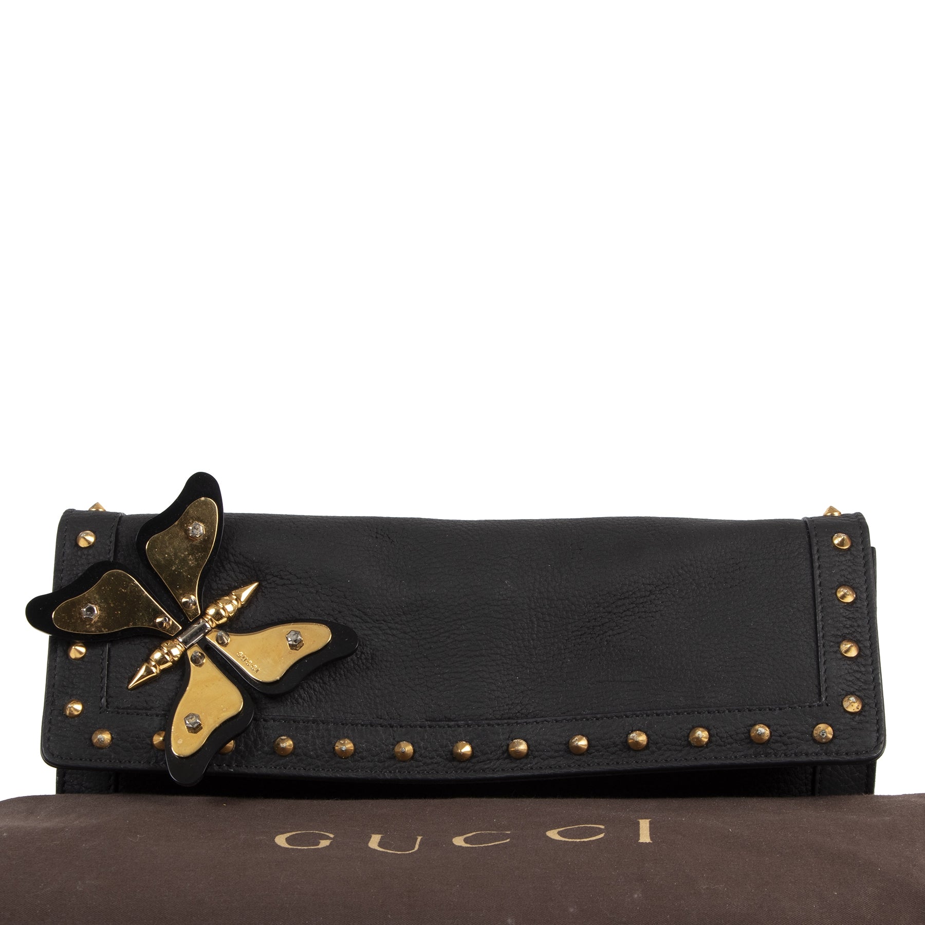 Authentique seconde-main vintage Gucci Black Leather Broadway Butterfly Clutch achète en ligne webshop LabelLOV Belgique