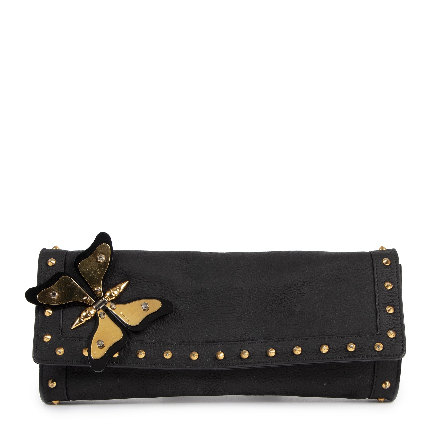 Authentieke Tweedehands Gucci Black Leather Broadway Butterfly Clutch juiste prijs veilig online shoppen luxe merken webshop winkelen Antwerpen België mode fashion
