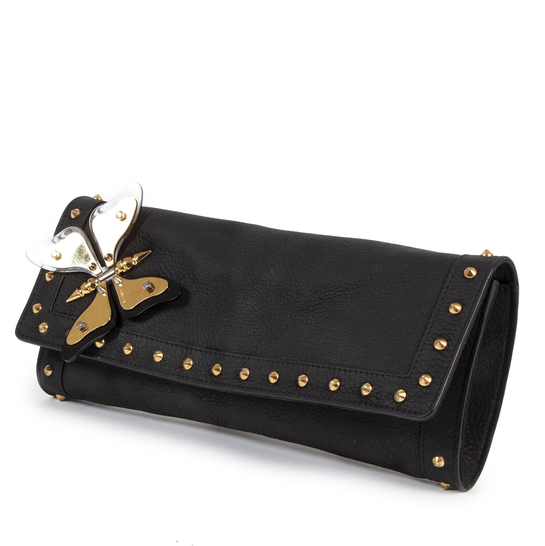 Authentic secondhand Gucci Black Leather Broadway Butterfly Clutch designer bags luxury vintage webshop fashion safe secure online shopping