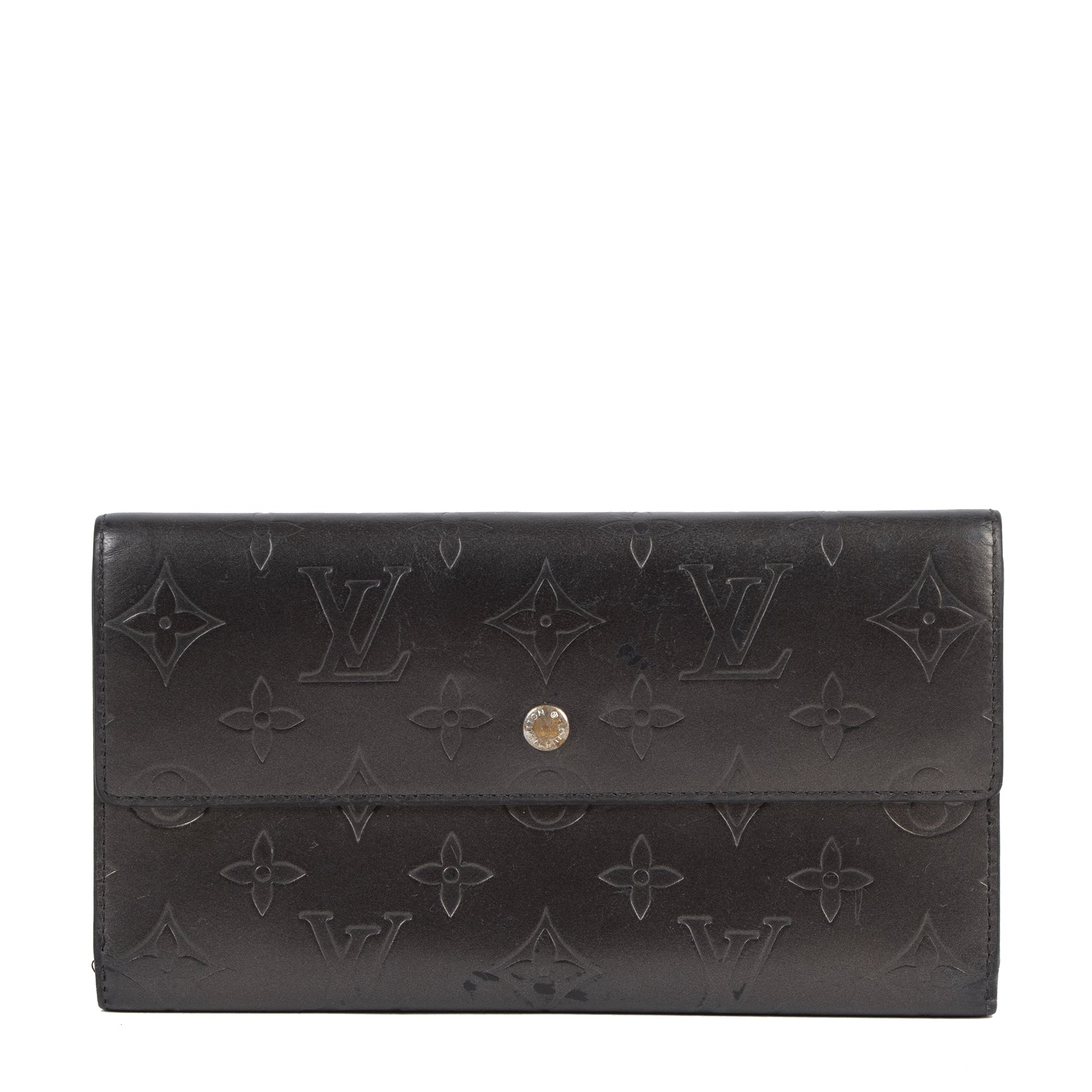 Authentic secondhand Louis Vuitton Dark Gray Matte Long Embossed Monogram Leather Wallet designer bags luxury vintage webshop fashion safe secure online shopping
