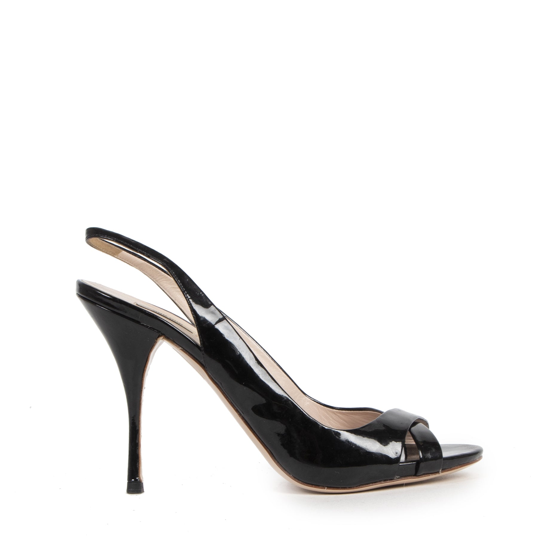 Authentieke Tweedehands Miu Miu Black Patent Leather Slingback Stiletto Heels - size 38 juiste prijs veilig online shoppen luxe merken webshop winkelen Antwerpen België mode fashion