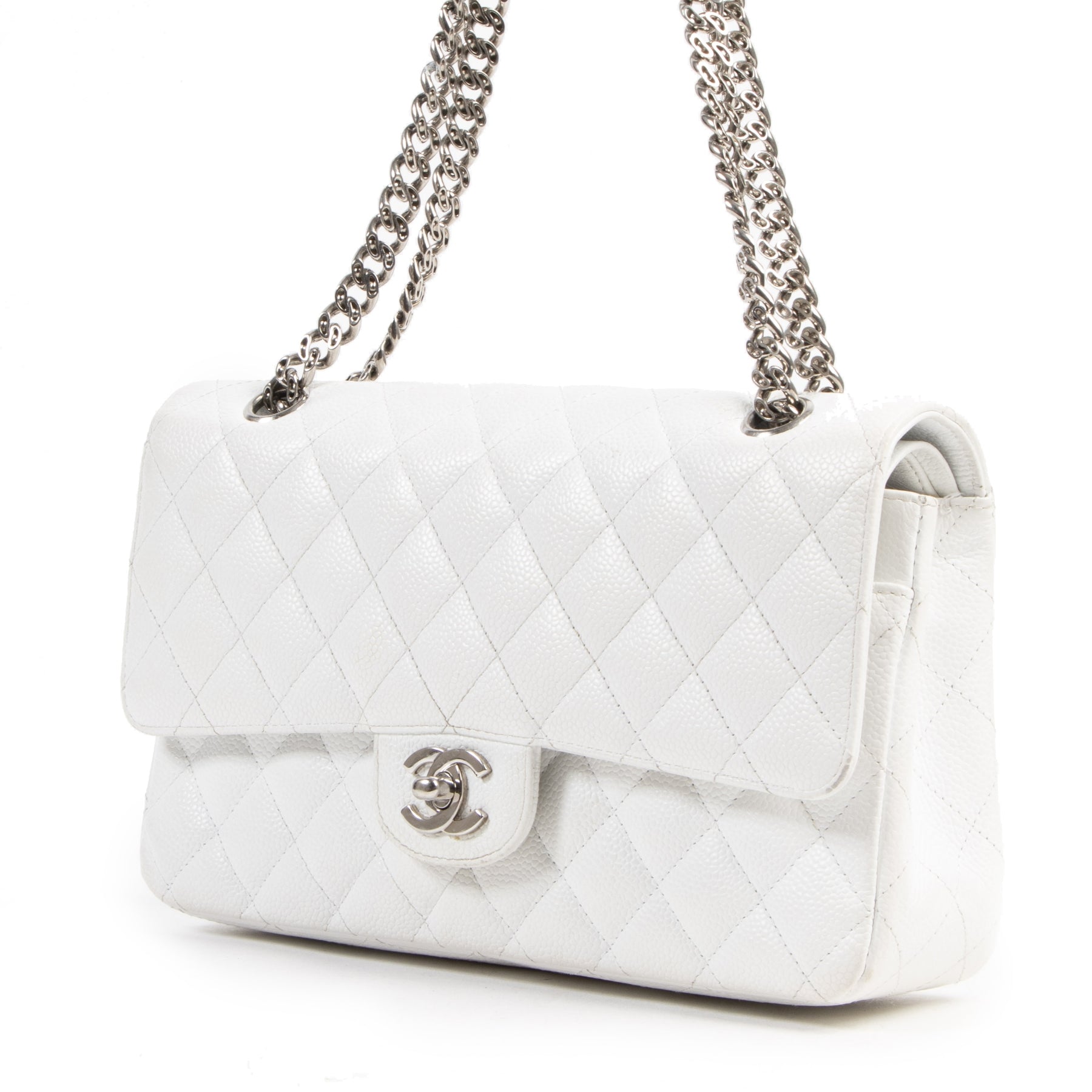 acheter en ligne seconde main Chanel White Caviar Medium Classic Double Flap Bag