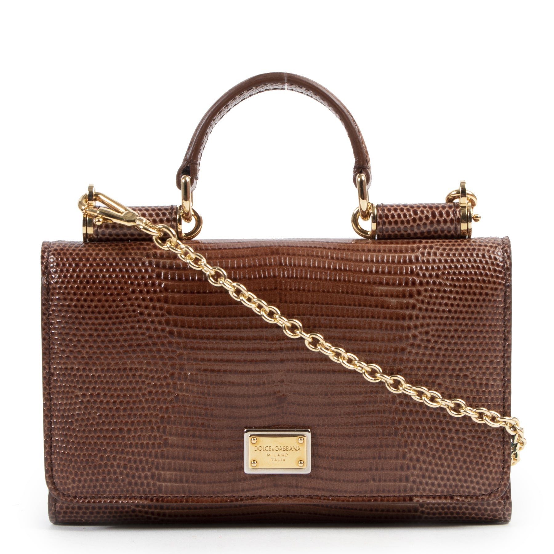 Authentieke Tweedehands Dolce & Gabbana Brown Alligator Sicily Phone Case Bag juiste prijs veilig online shoppen luxe merken webshop winkelen Antwerpen België mode fashion