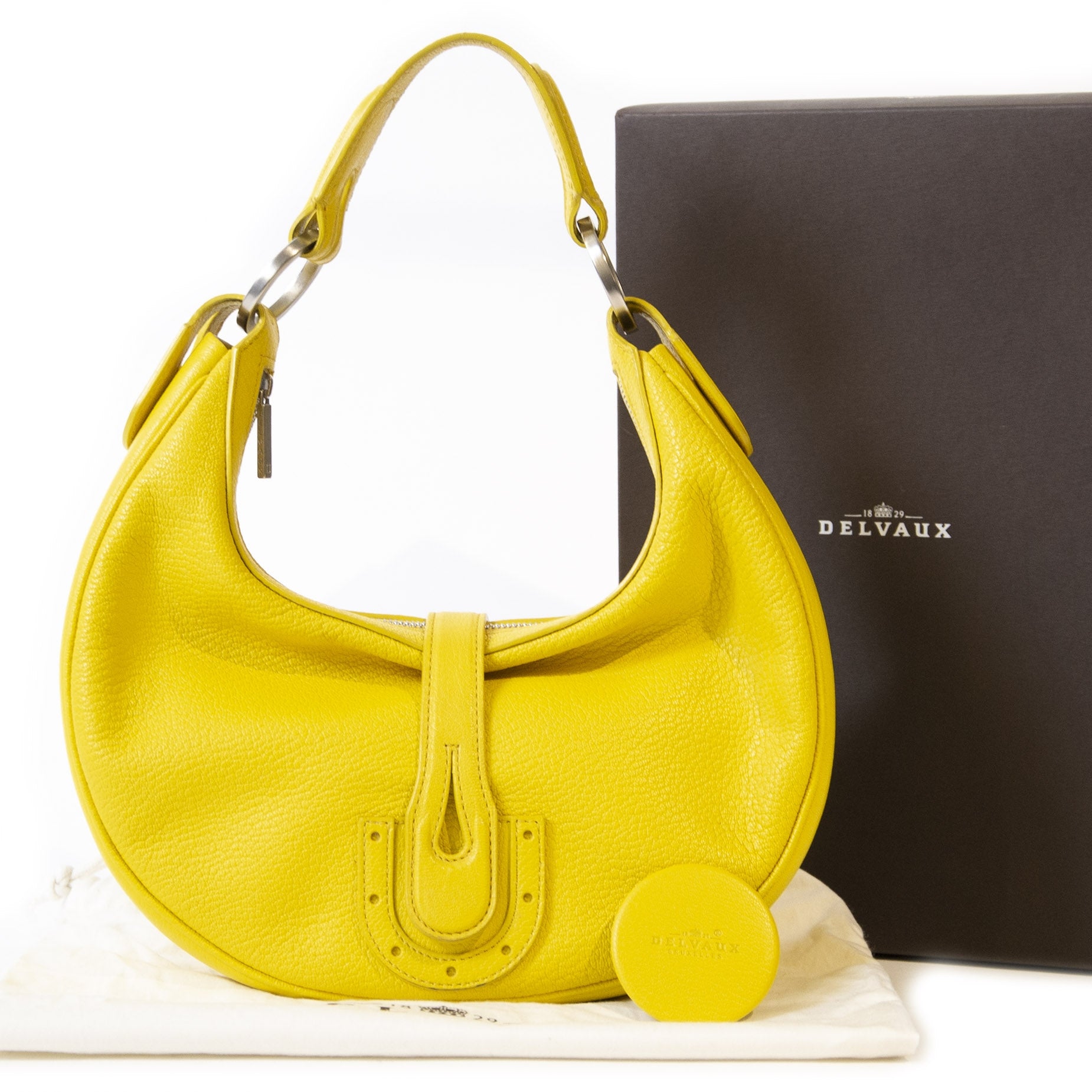 Authentieke Tweedehands Delvaux Camille Yellow Leather Shoulder bag juiste prijs veilig online winkelen luxe webshop winkelen Antwerpen België mode fashion