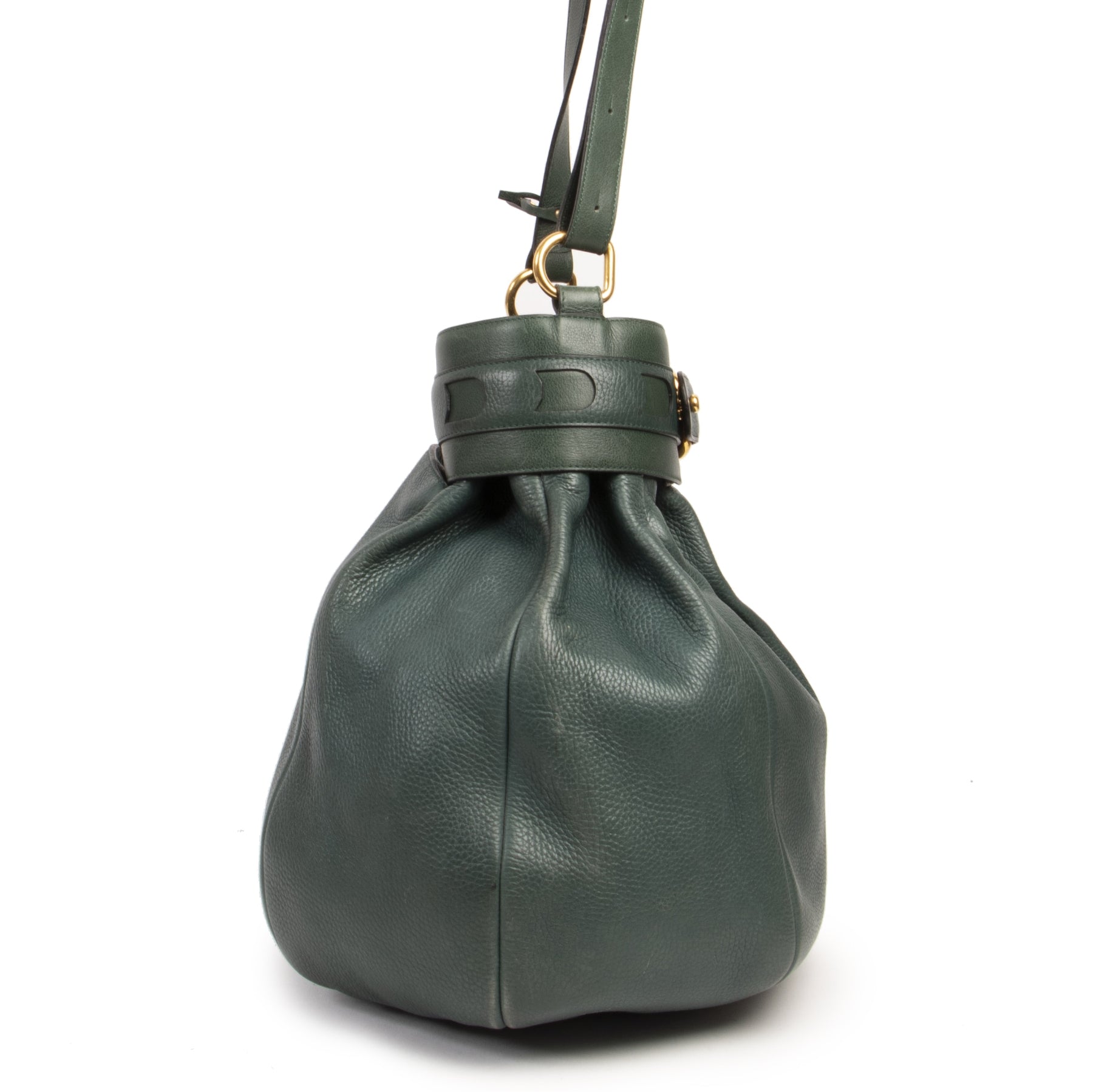 Authentieke Tweedehands Delvaux Green Leather Bucket Bag juiste prijs veilig online shoppen luxe merken webshop winkelen Antwerpen België mode fashion