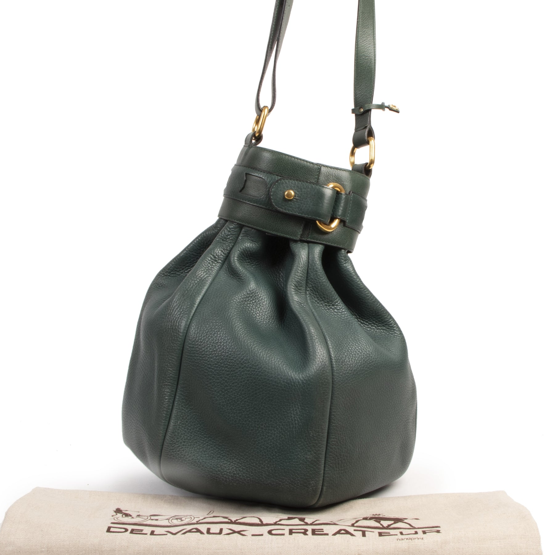 Authentieke Tweedehands Delvaux Green Leather Bucket Bag juiste prijs veilig online shoppen luxe merken webshop winkelen Antwerpen België mode fashion
