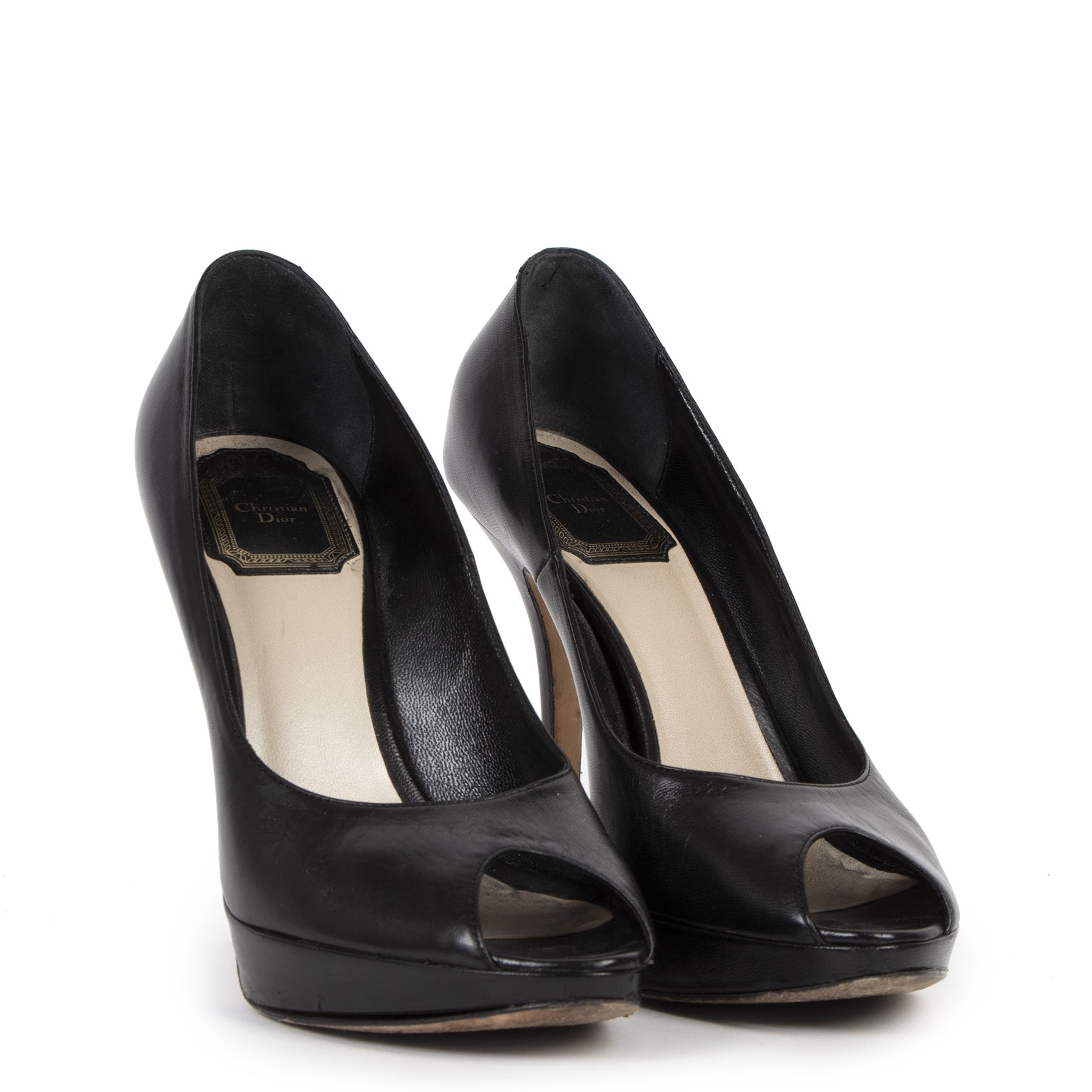 Authentic secondhand Christian Dior Black Leather Peep Toe Pumps - Size 37 designer shoes high heels luxury vintage webshop fashion designer brands online shopping