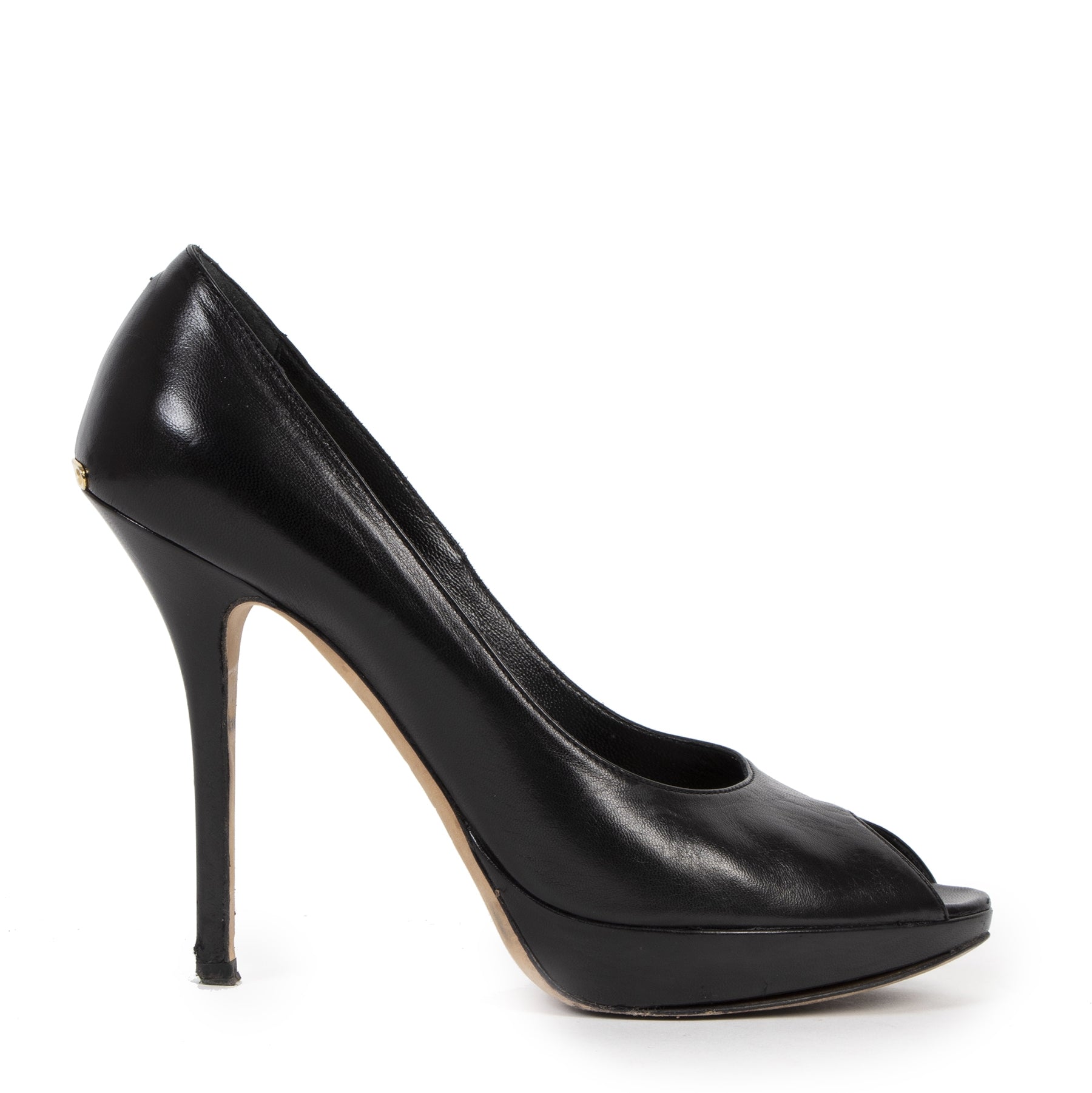 Authentieke Tweedehands Christian Dior Black Leather Peep Toe Pumps - Size 37 juiste prijs veilig online shoppen luxe merken webshop winkelen Antwerpen België mode fashion