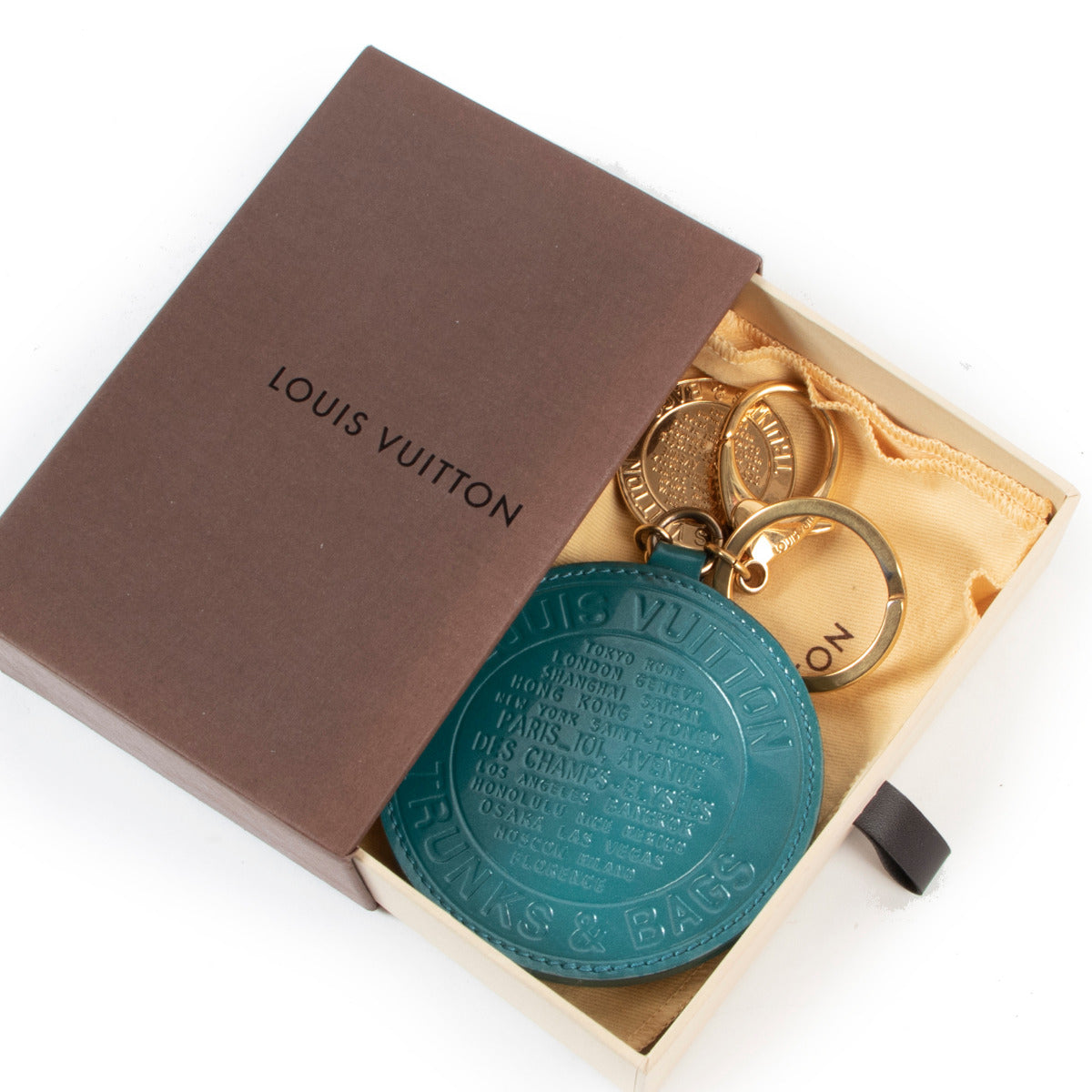 Porte-clés Louis Vuitton malles et sacs doré et bleu