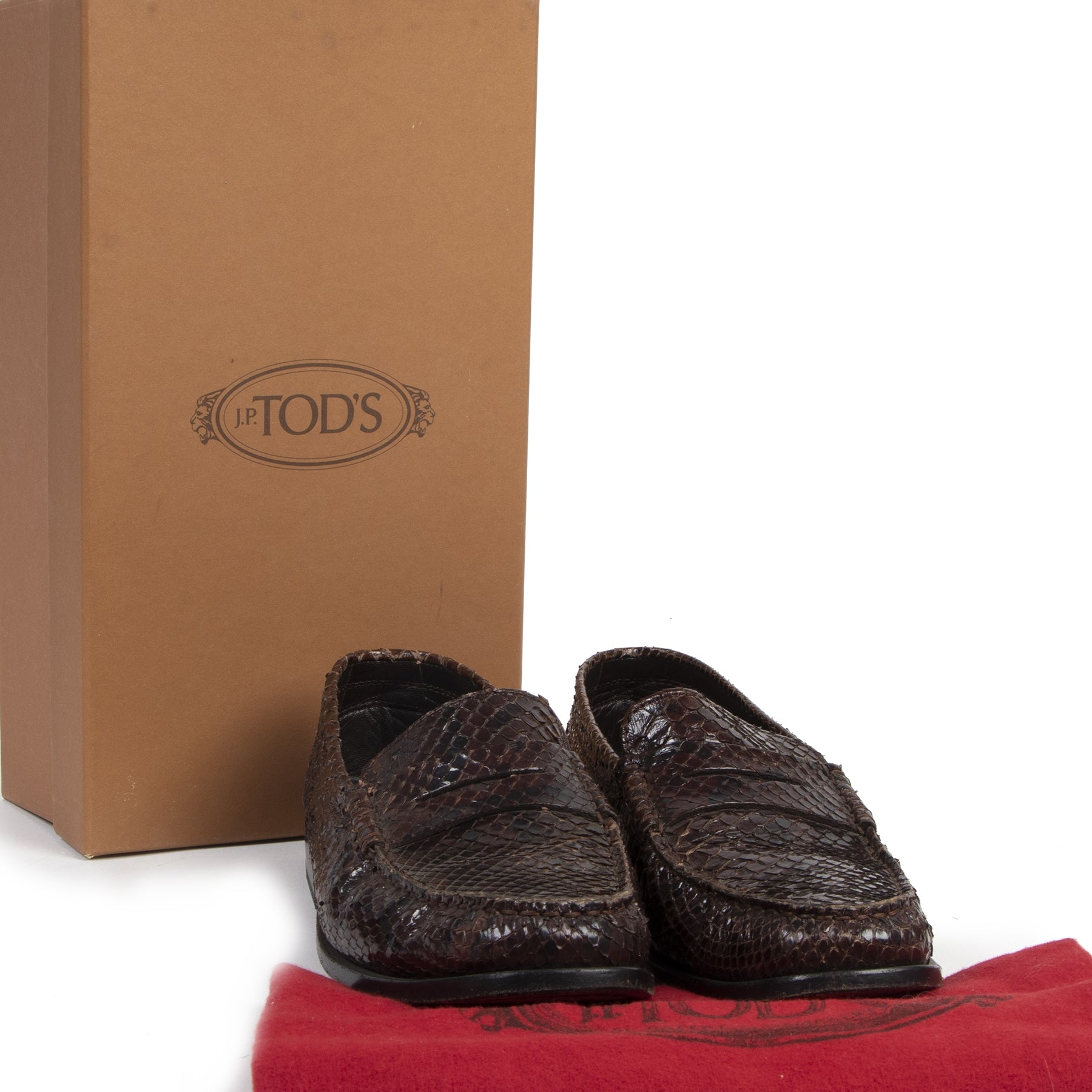 Authentieke tweedehands vintage Tods Brown Gommino Python Loafers - Size 38 koop online webshop LabelLOV