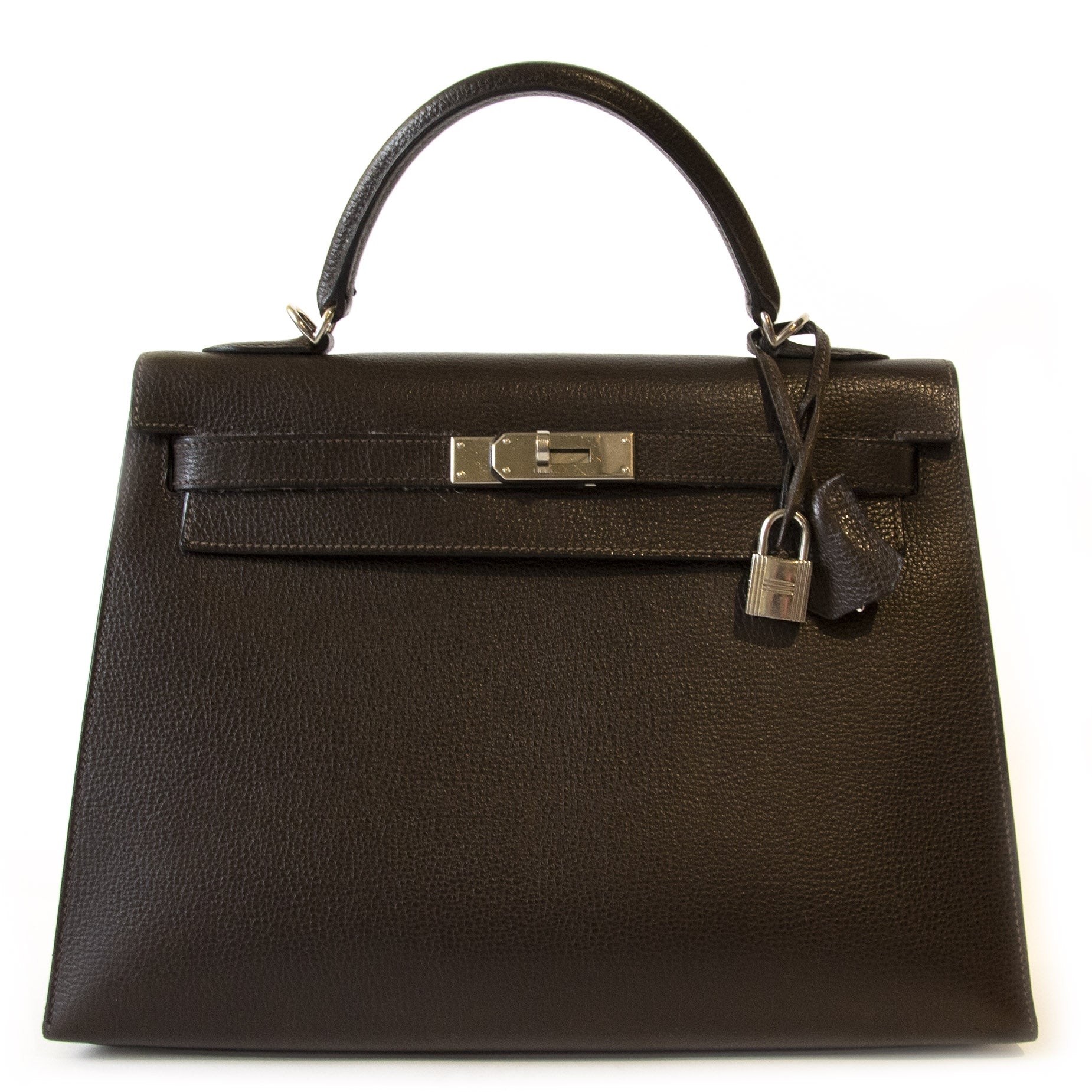 Hermès Kelly 32 Brown Vache Liègee PHW for sale at Labellov secondhand designer bags