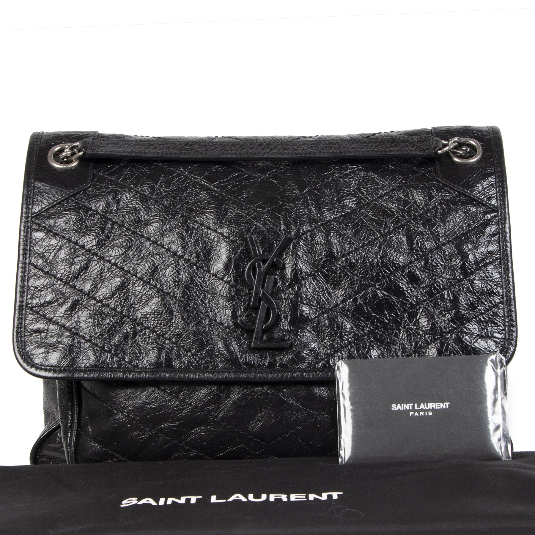 Authentieke Tweedehands Saint Laurent Large Niki Black Calfskin Leather Shoulder Bag juiste prijs veilig online shoppen luxe merken webshop winkelen Antwerpen België mode fashion