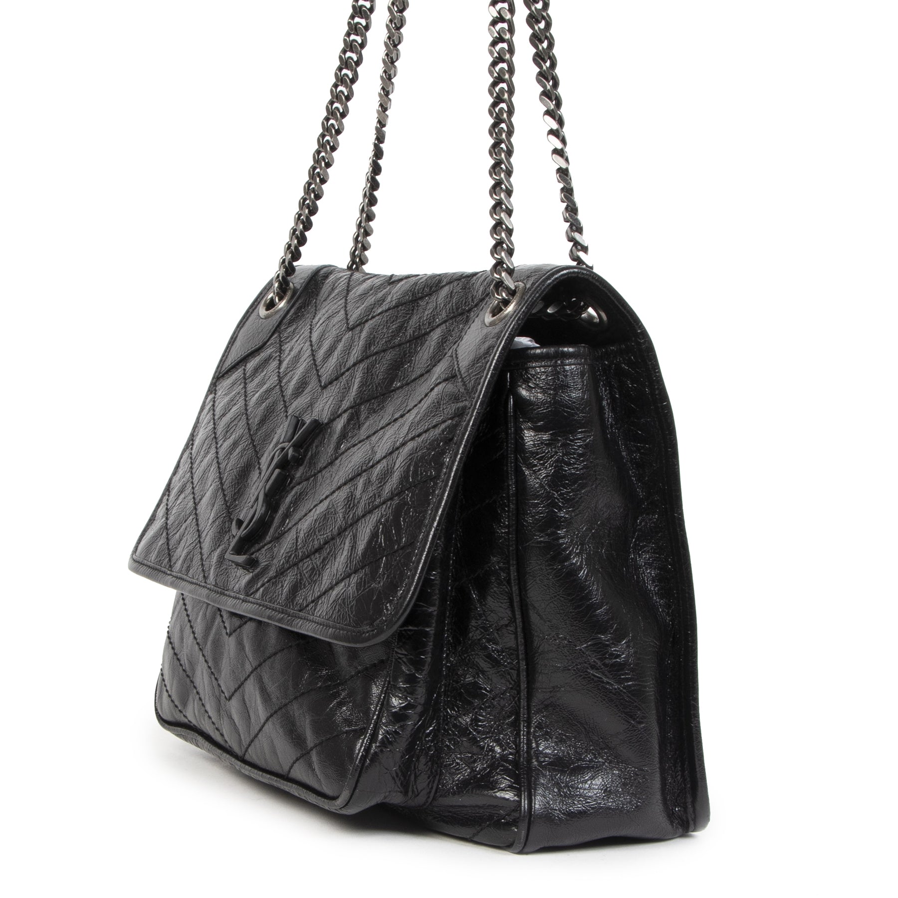 Authentieke Tweedehands Saint Laurent Large Niki Black Calfskin Leather Shoulder Bag juiste prijs veilig online shoppen luxe merken webshop winkelen Antwerpen België mode fashion