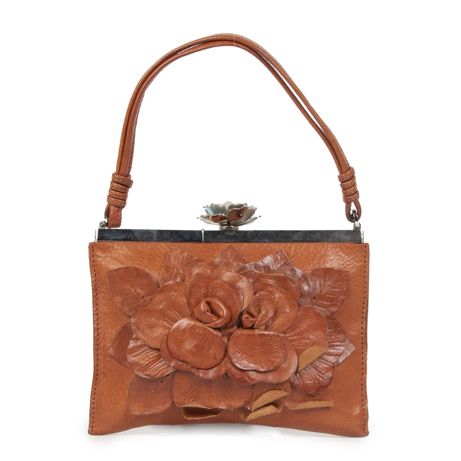 Authentic second-hand vintage Valentino Camel Flower Top Handle Bag buy online webshop LabelLOV
