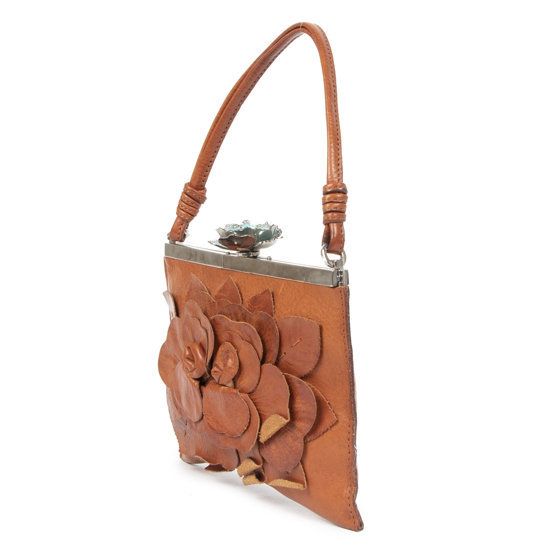 Authentic second-hand vintage Valentino Camel Flower Top Handle Bag buy online webshop LabelLOV