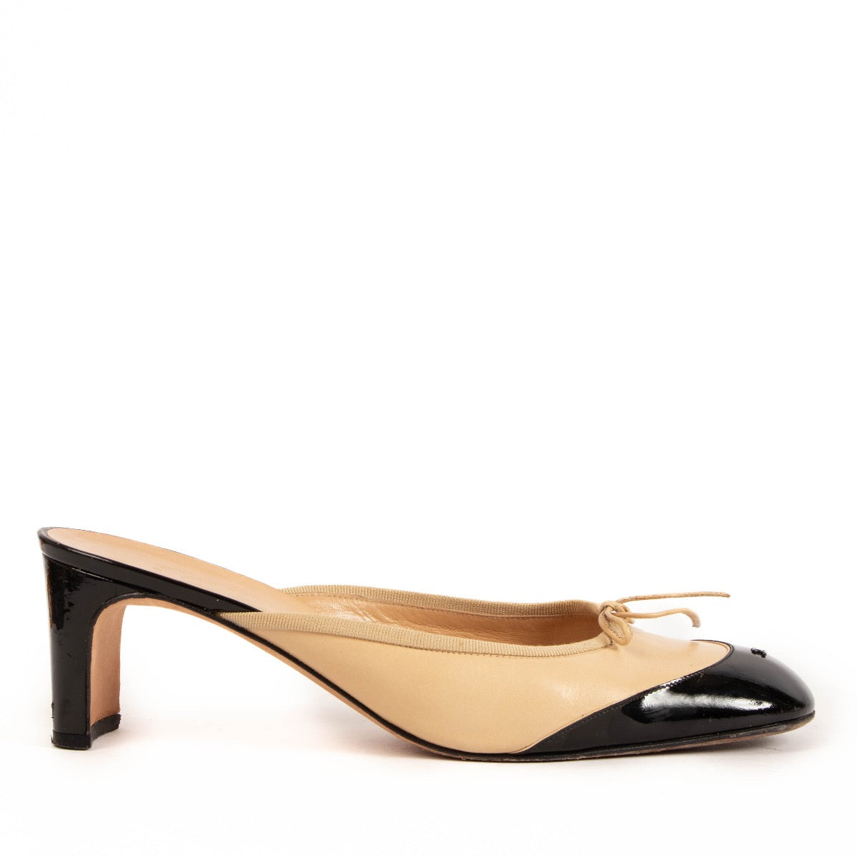shop 100% authentic second hand Chanel Beige And Black Patent Cap Toe Mules - Size 40 1/2 on Labellov.com