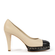 shop 100% authentic second hand Chanel Beige/Black Leather CC Cap Toe Chain Link Platform Pumps - Size 41 on Labellov.com