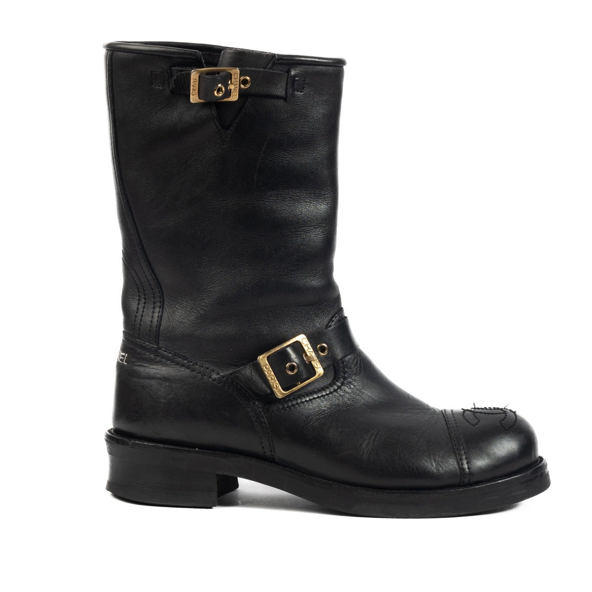 Chanel Black CC Cap Toe Logo Biker Boots