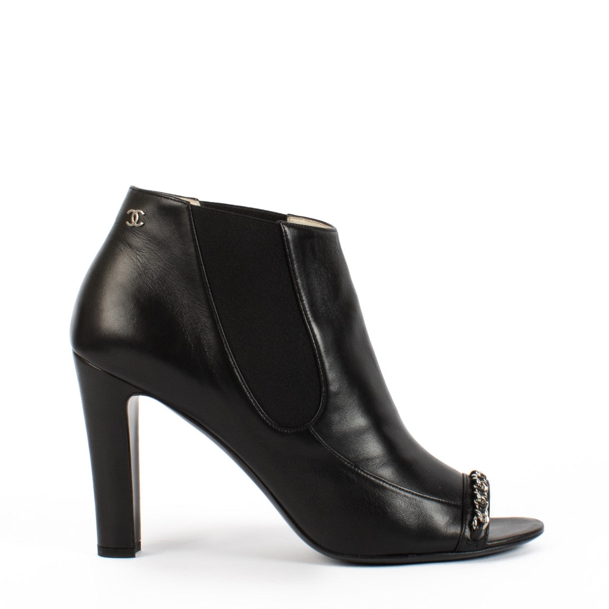 shop 100% authentic second hand Chanel Black Chain Peep Toe Leather Boots - Size 41 1/2 on Labellov.com