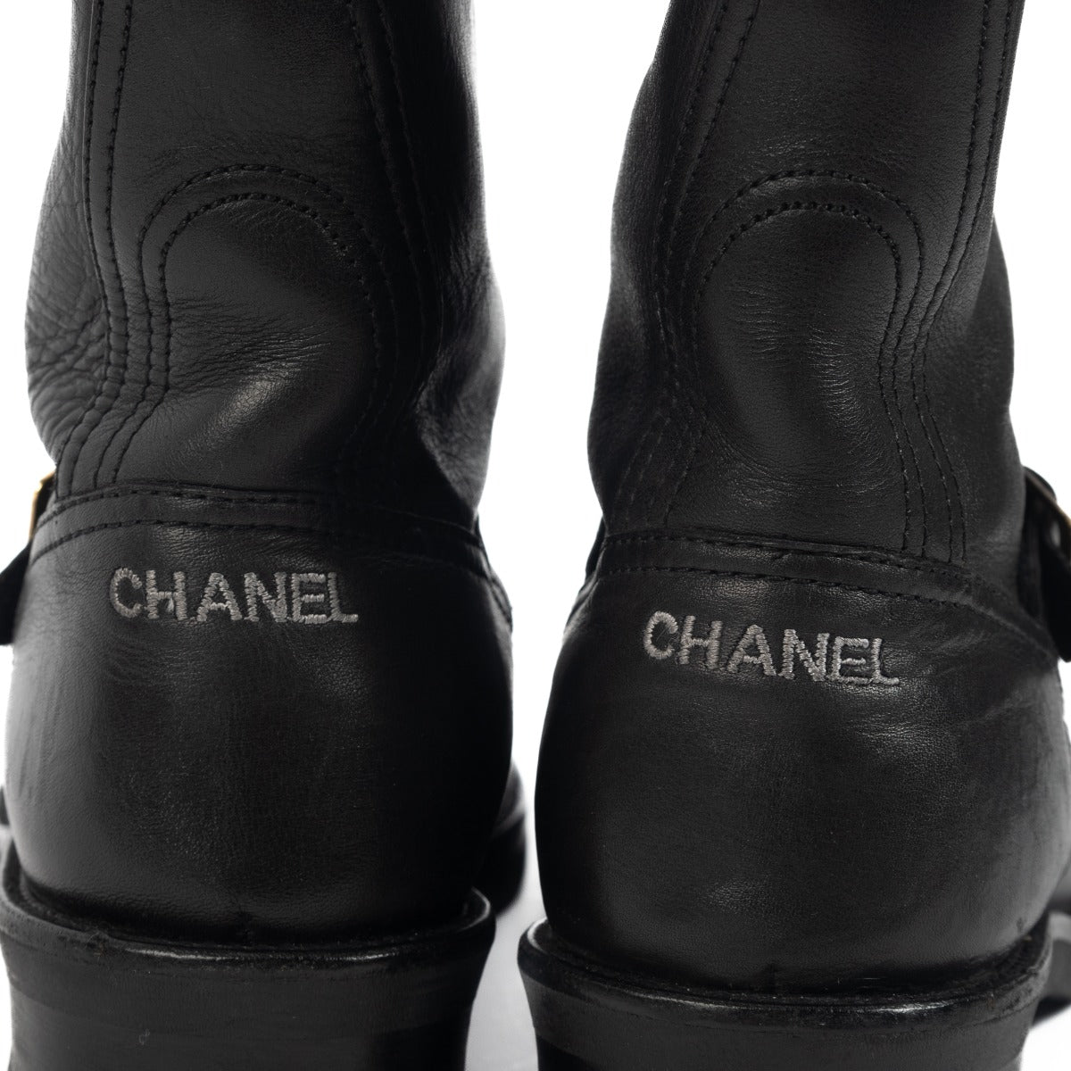 Chanel Black CC Cap Toe Logo Biker Boots