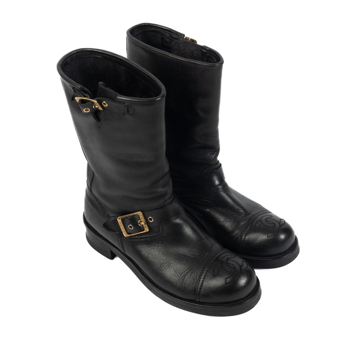 Chanel Black CC Cap Toe Logo Biker Boots