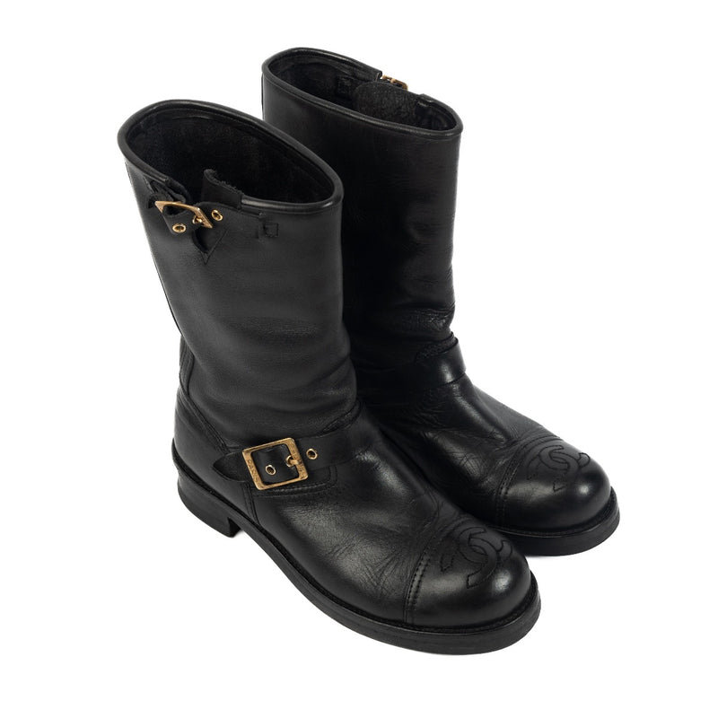 Chanel Black CC Cap Toe Logo Biker Boots