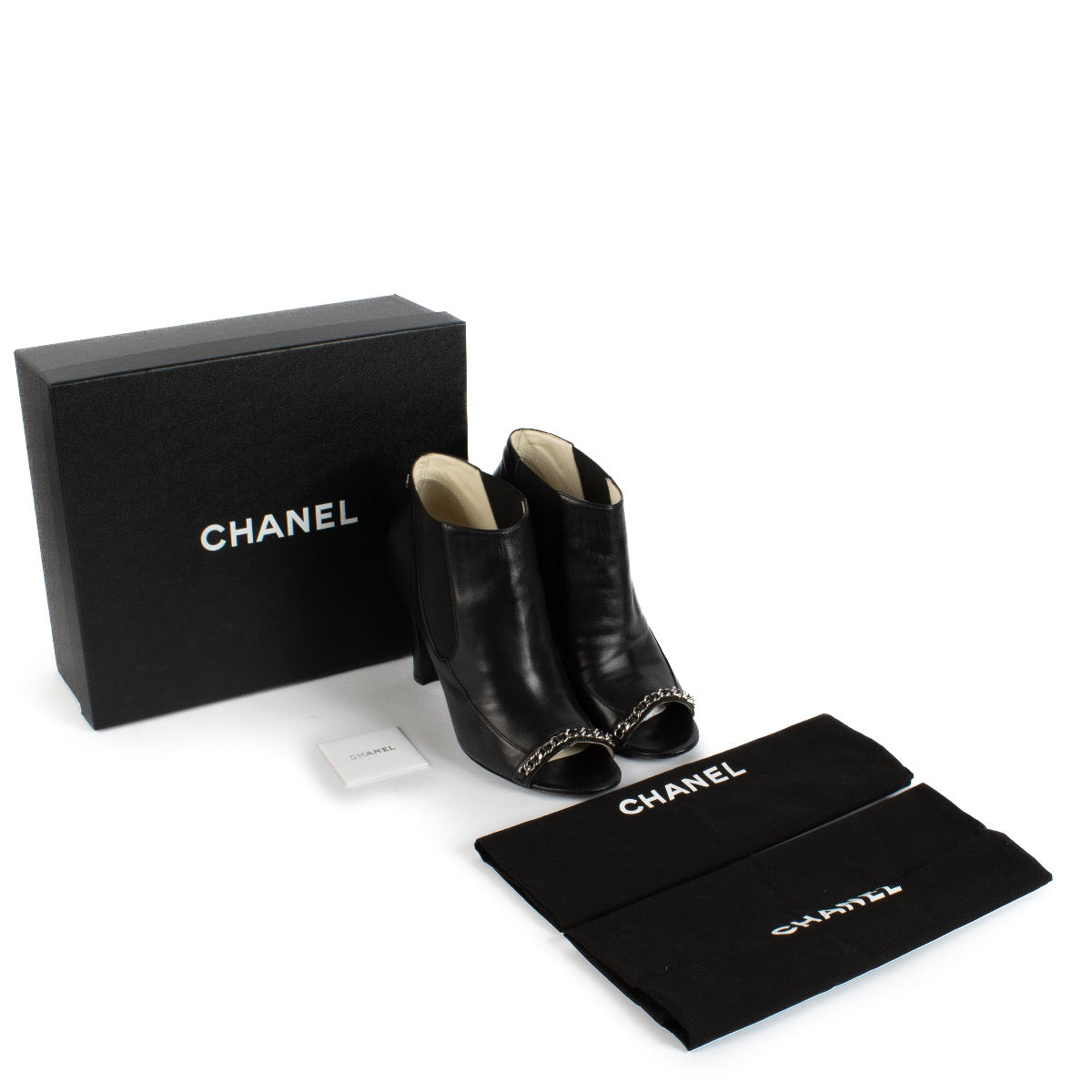 shop 100% authentic second hand Chanel Black Chain Peep Toe Leather Boots - Size 41 1/2 on Labellov.com