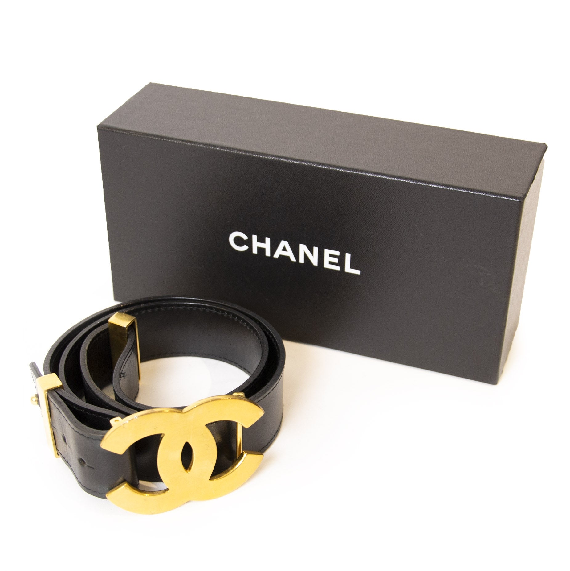 Chanel Black Leather Gold CC Logo Belt - Size 80 buy and sell luxury