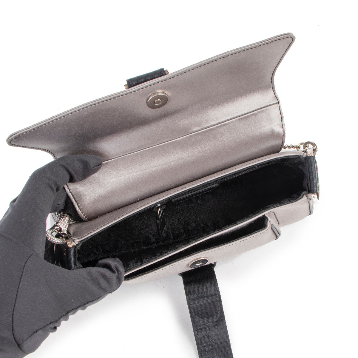 Shop safe online at Labellov in Antwerp this 100% authentic second hand Christian Dior 2003 Vintage Crystal Satin Mini Saddle Bag